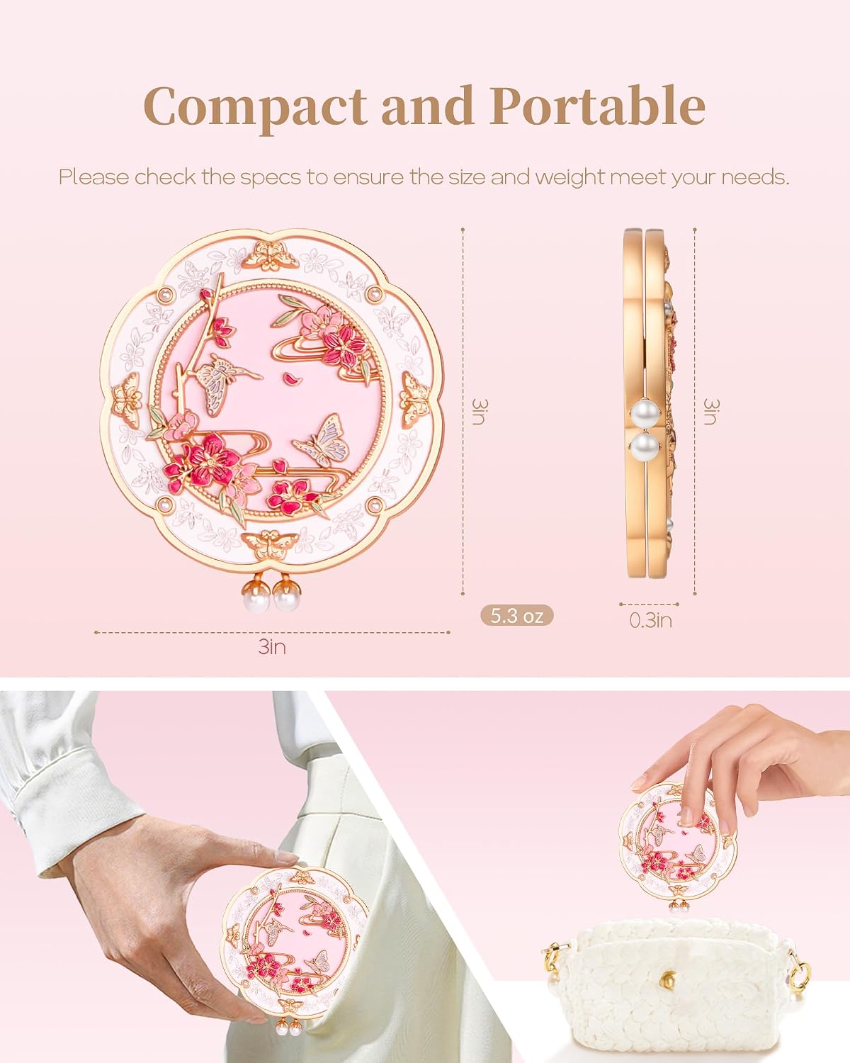 Peach Blossom Compact Mirror Keepsake, Small Chinese Style Pocket Mirror for Purse, 2X Magnifying Double Sided Makeup Mirror, Pink Gift for Women & Girls