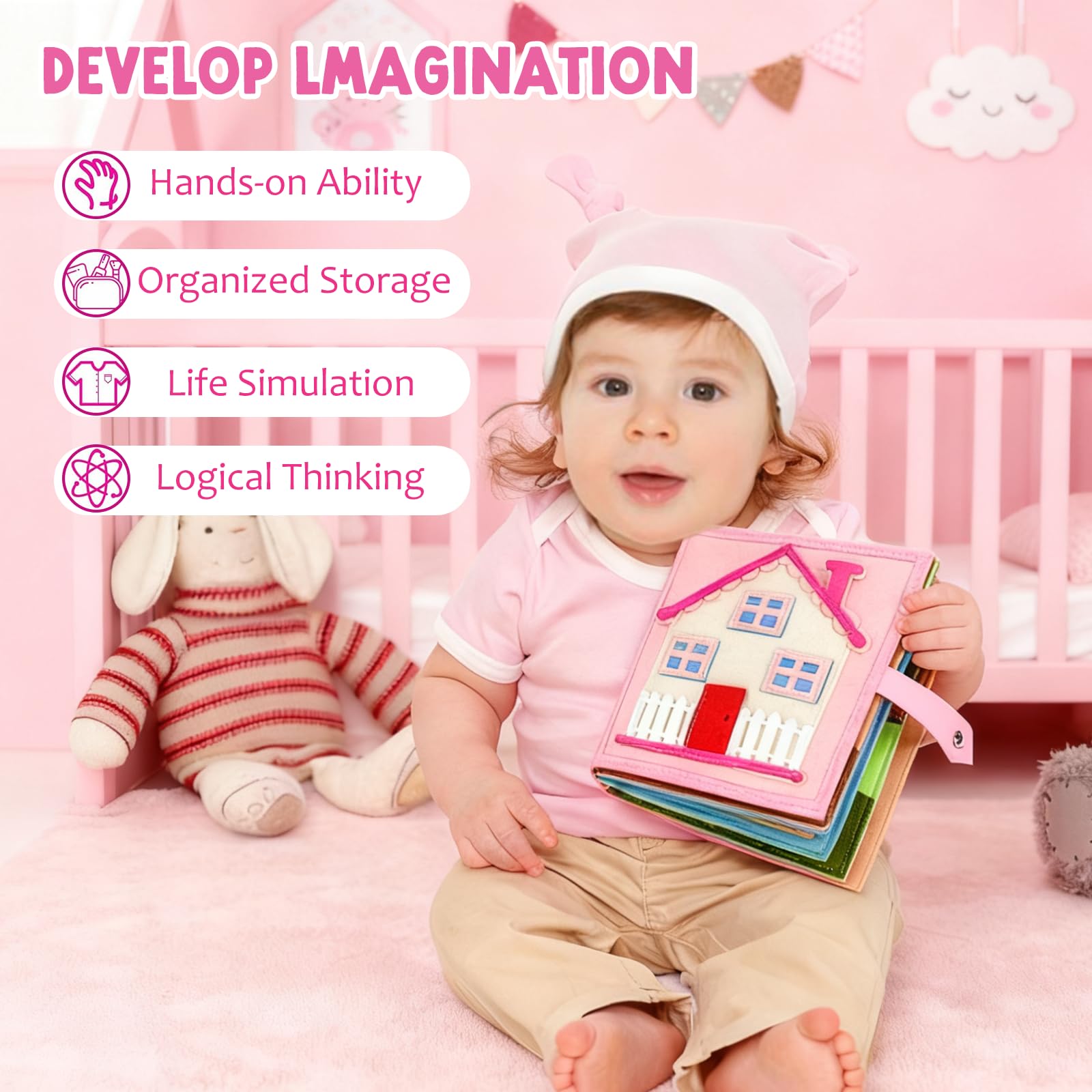 AYSOW Quiet Book from 1 Years, Busy Board Montessori Toy Felt Book Fabric Book for Babies (Girls), Pink, pink - Image 4