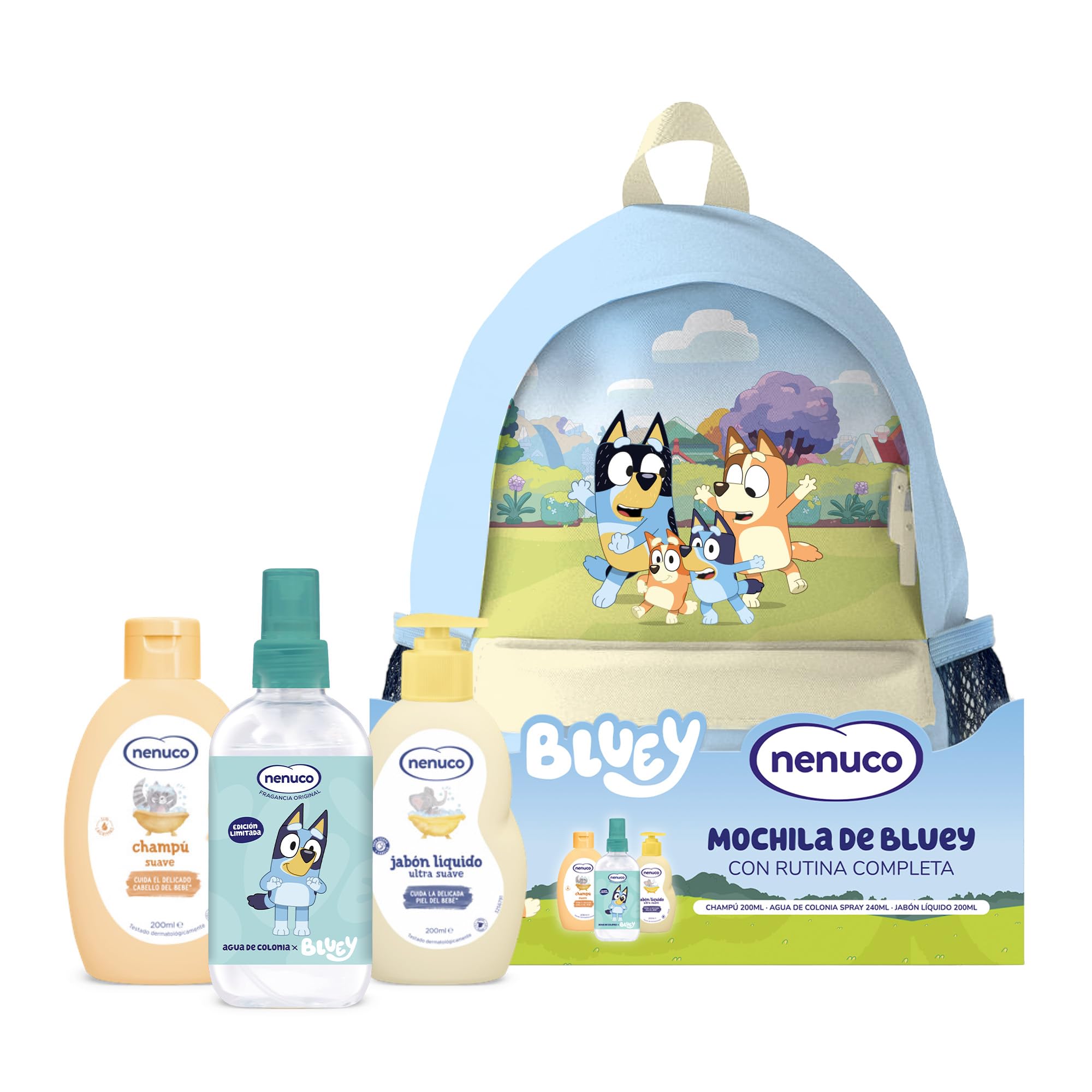 Nenuco Pack Infantil Mochila Bluey – Edición Limitada, con Champú Suave 200 ml, Jabón Líquido 200 ml y Colonia Nenuco 240 ml