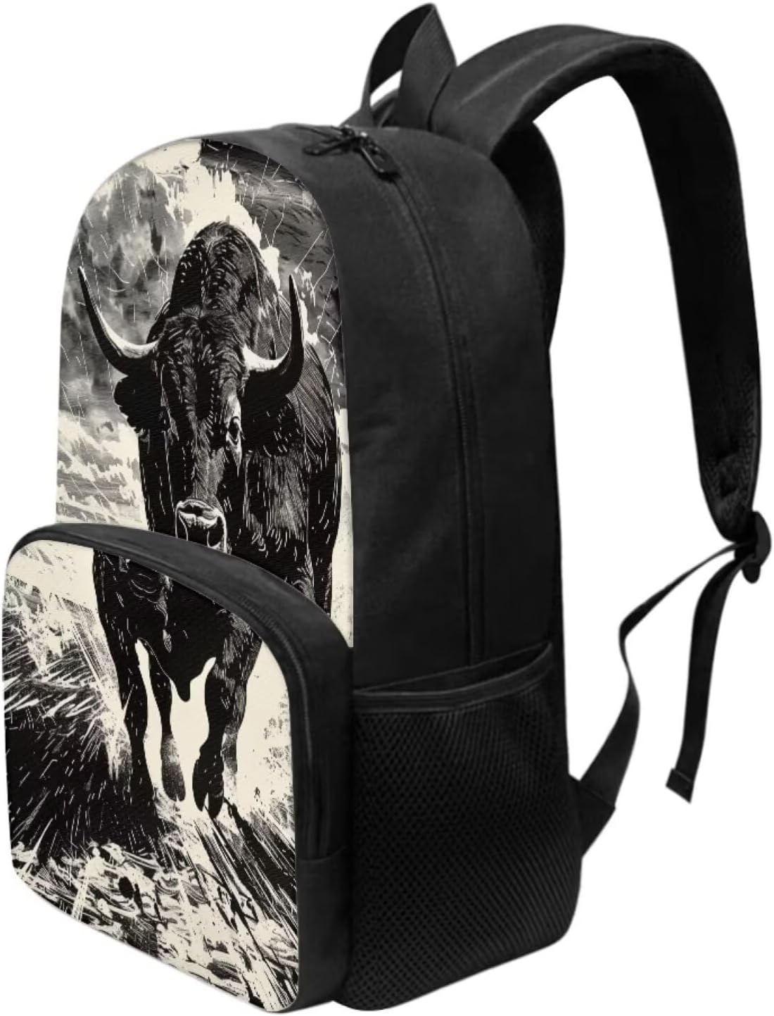 Kids Animal Print 17 Inch Bookbag with Internal & Front Pocket Comic Style Bull Backpack for Boys Girls Durable Lightweight School Backpack Large Capacity Padded Back Kids Casual School Bag