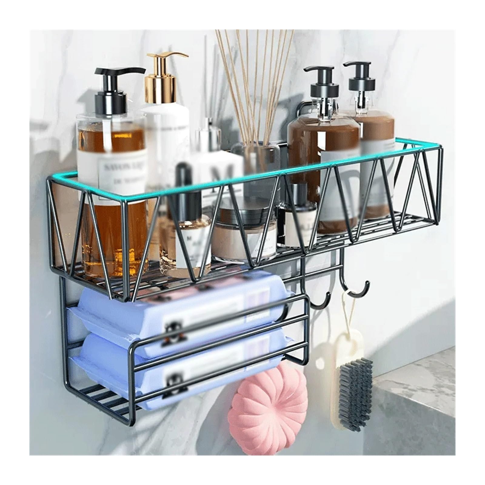Mensola Doccia Angolare Scaffale portaoggetti da parete grande for WC Scaffale cosmetico a doppio strato con porta fazzoletti e gancio Scaffale portaoggetti in metallo montato a parete senza perforazi