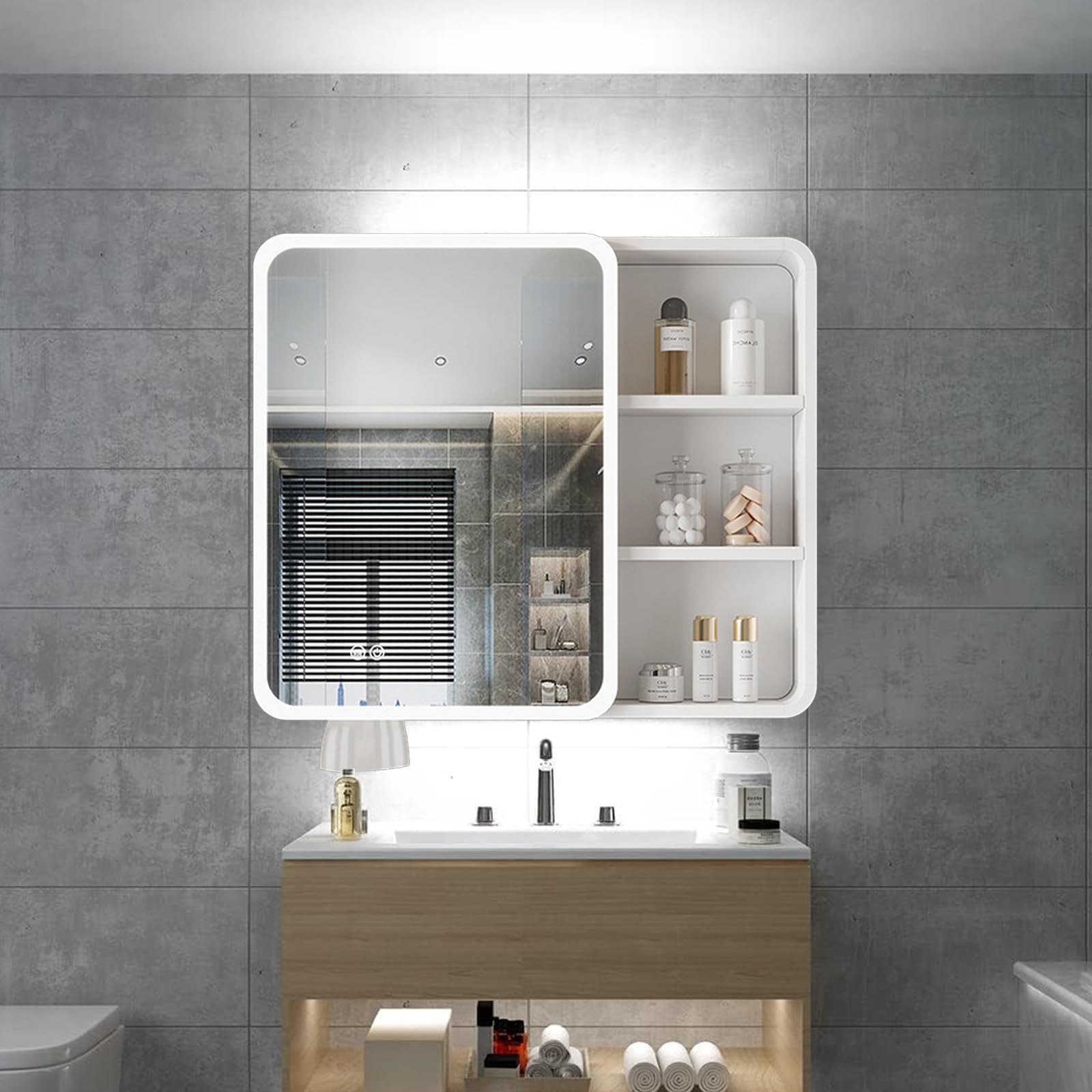 Podświetlana aluminiowa apteczka ścienna z przyciskiem dotykowym do usuwania mgły, miejsca do przechowywania, elegancki design i otwór na papier do nowoczesnych łazienek.