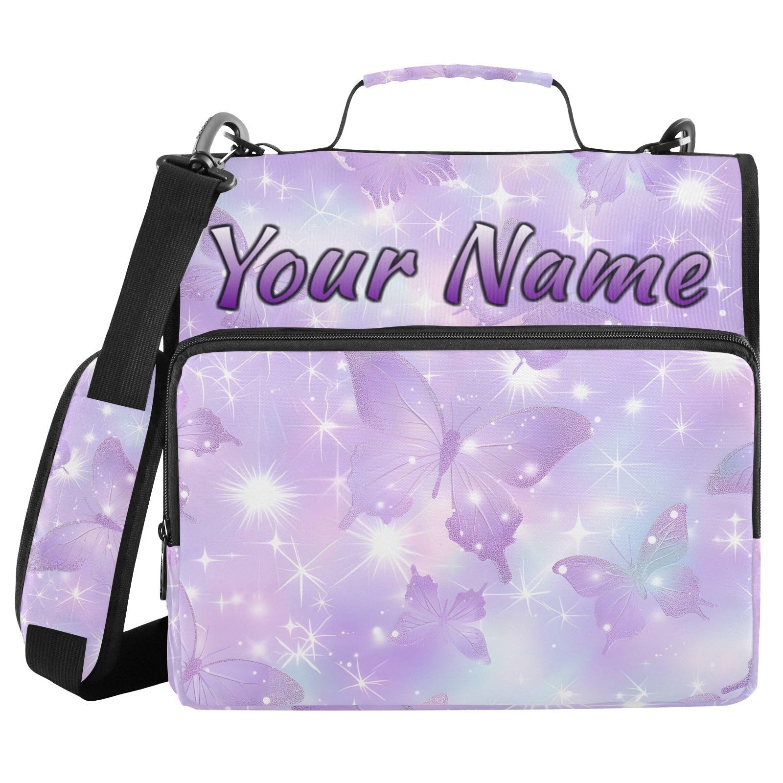 Custom 3 Ring Zipper Binder Shiny Glitter Purple Butterflies Personalized Name 1.5 Inch Binders Large Capacity Multi Pockets for School Office Supplies