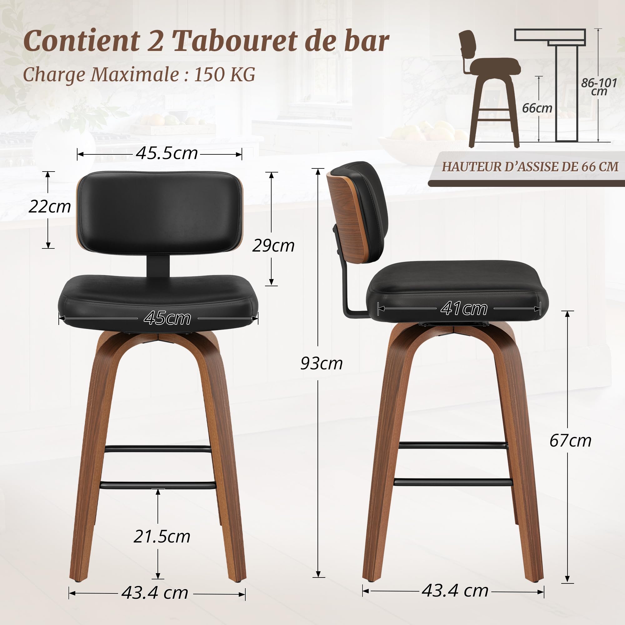 LUE BONA Tabouret Bar Rotatif sur 360°,Tabourets de Bar Lot de 2,Chaises de Bar avec Matelassé Simili Cuir,Hauteur 67 cm,Tabouret Bar Bois avec Dossier et Repose-Pieds,pour Cuisine,Bar,Noir
