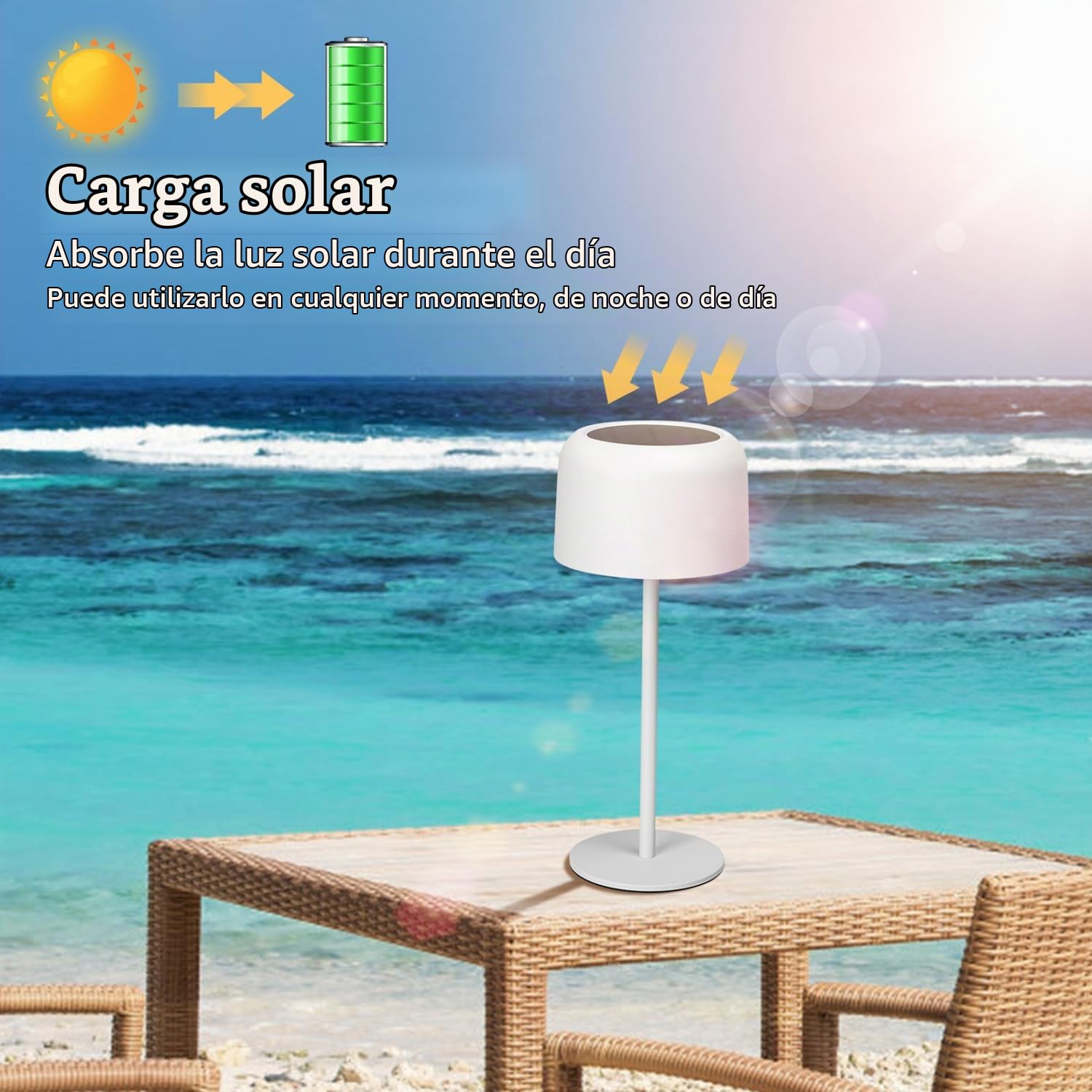 Aigostar Lámpara de Mesa Inalámbrica Recargable Solar y USB, Lámpara de Escritorio Táctil Regulable, Lámpara de Noche IP54 Impermeable para Interior y Exterior, Dormitorio, Restaurante - Blanco