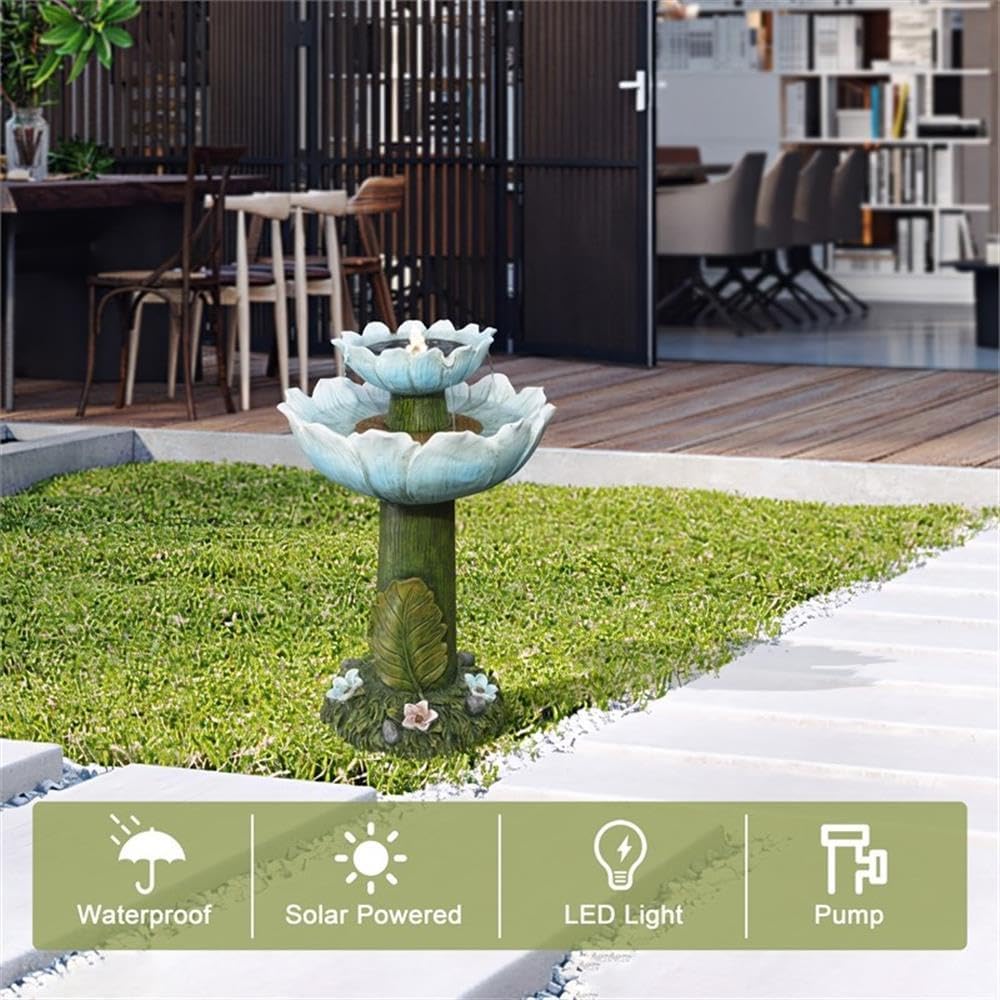 LuxenHome Solar Power Bird Bath Fountain, Lotus Flower Outdoor Water Fountains with LED Lights, Birdbath Waterfall Fountain Outdoor and Indoor Garden Sculpture Decor for Yard, Blue