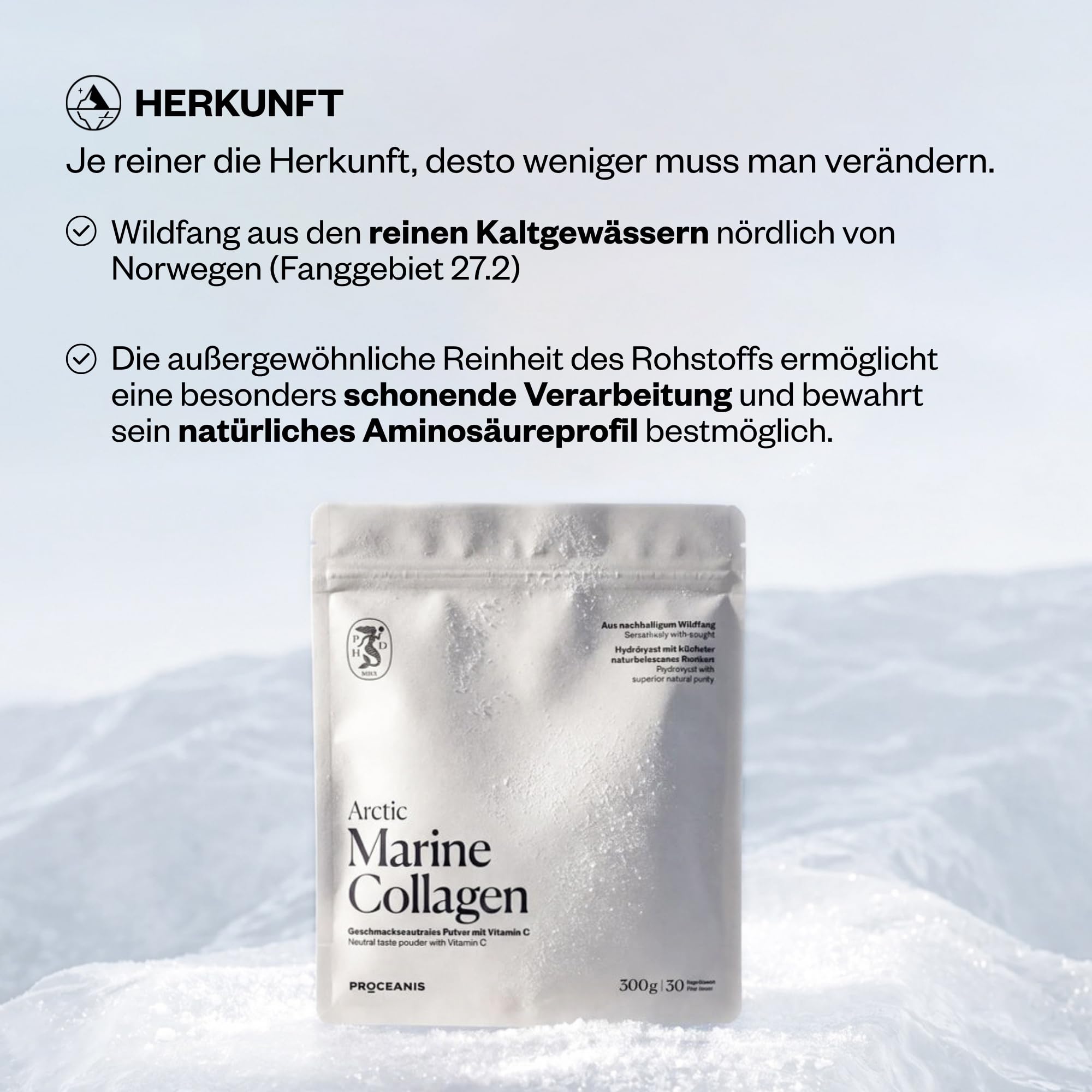 Arctic Marine Collagen Pulver aus Fisch 300g – Kollagen Hydrolysat Peptide Typ 1 und 3 aus nachhaltigem Fischfang im Nordmeer – mit Vitamin C – Ohne Zusatzstoffe – 30 Portionen