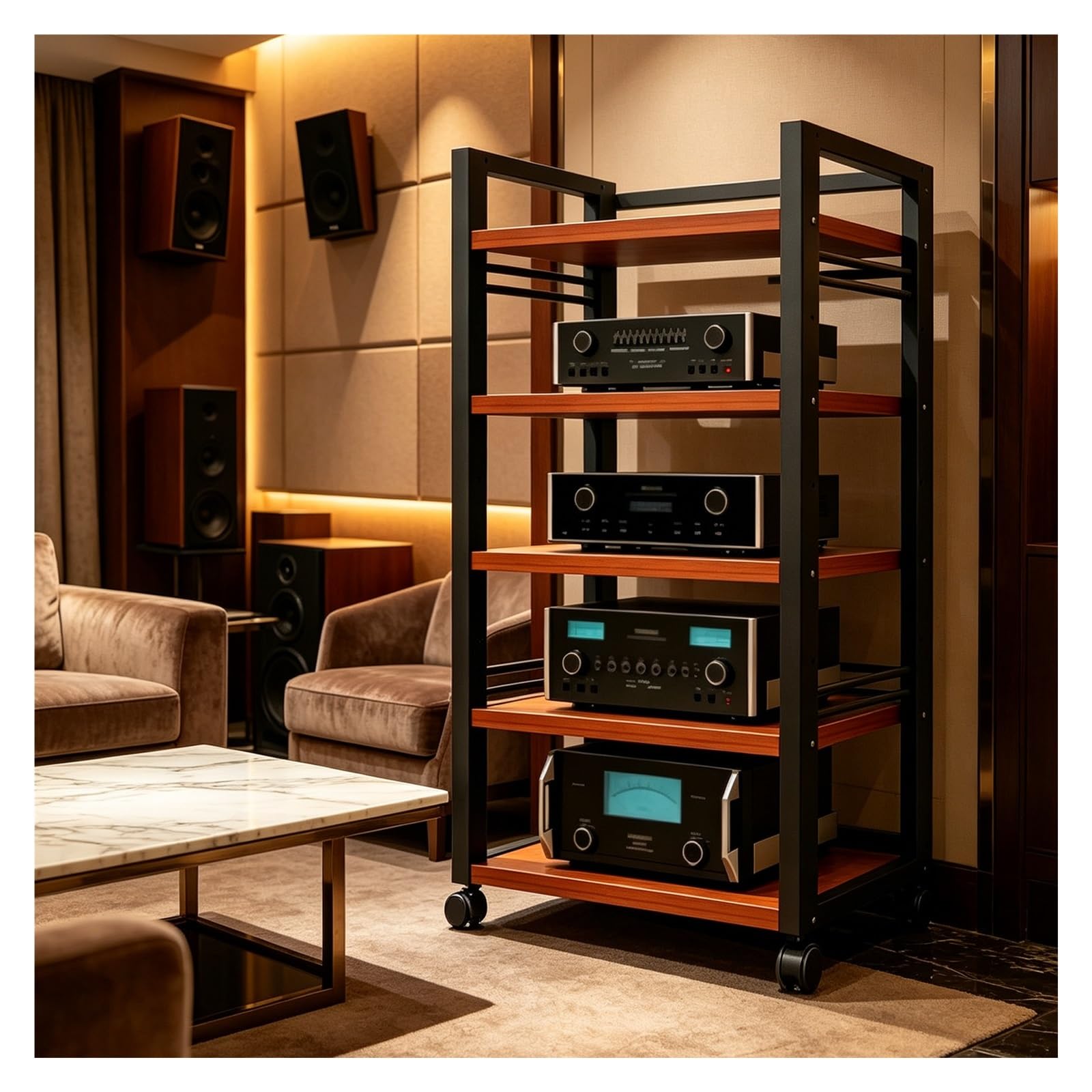 Soporte multimedia con ruedas de 360 grados y altura ajustable para estéreo en color teak