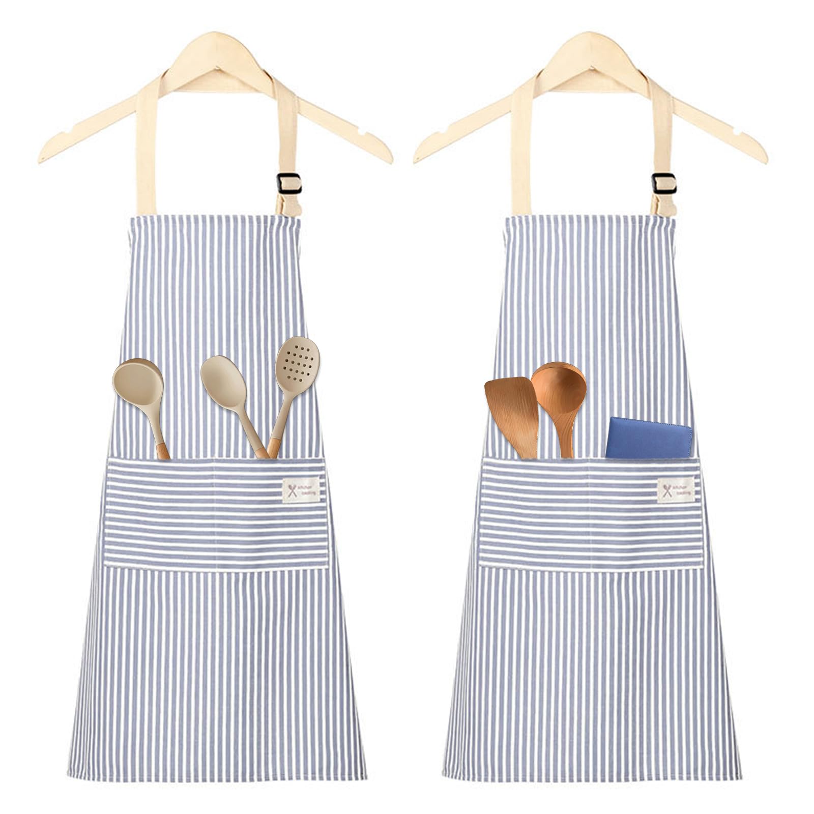 Cjytdkj Stripe Bib Apron, 2pcs Aprons with Pockets, Adjustable Kitchen Aprons for Women/Men, Suitable for Cooking, BBQ, Baking, Gardening, Household Cleaning, Restaurant(Blue Stripes)