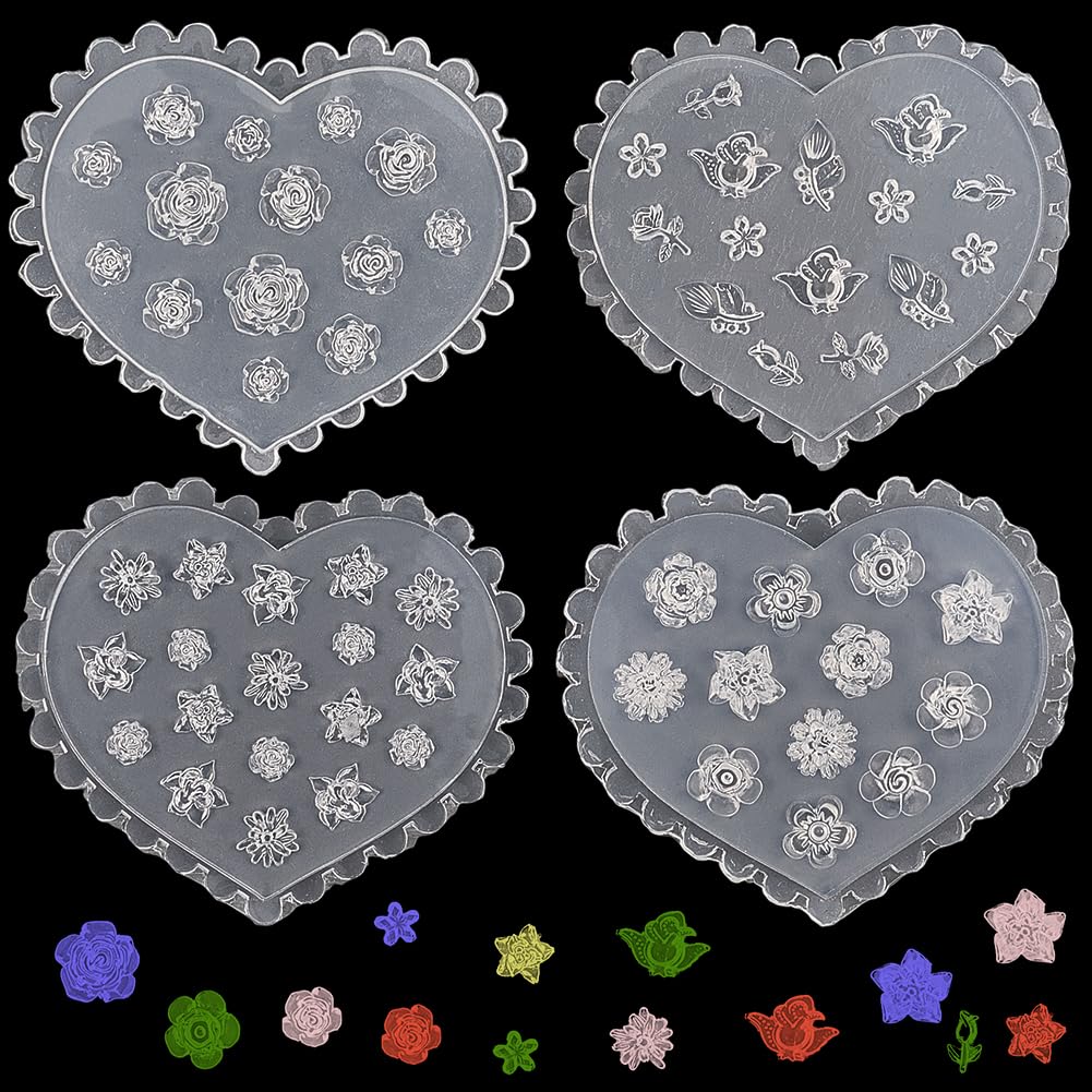 SUNNYCLUE 1 Box 4Pcs 4 Styles Flower Earring molds Floral Clay moldss Clear Silicone Love Heart Shaped Carved Fondant Miniature Cutter Tool Set for Jewellery Making Earrings Nail Art DIY Craft