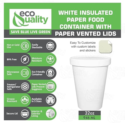 100 recipientes desechables de papel blanco para sopa de 32 onzas con tapas, combinados, recipientes para helado de cuarto de galón, tazas de yogur