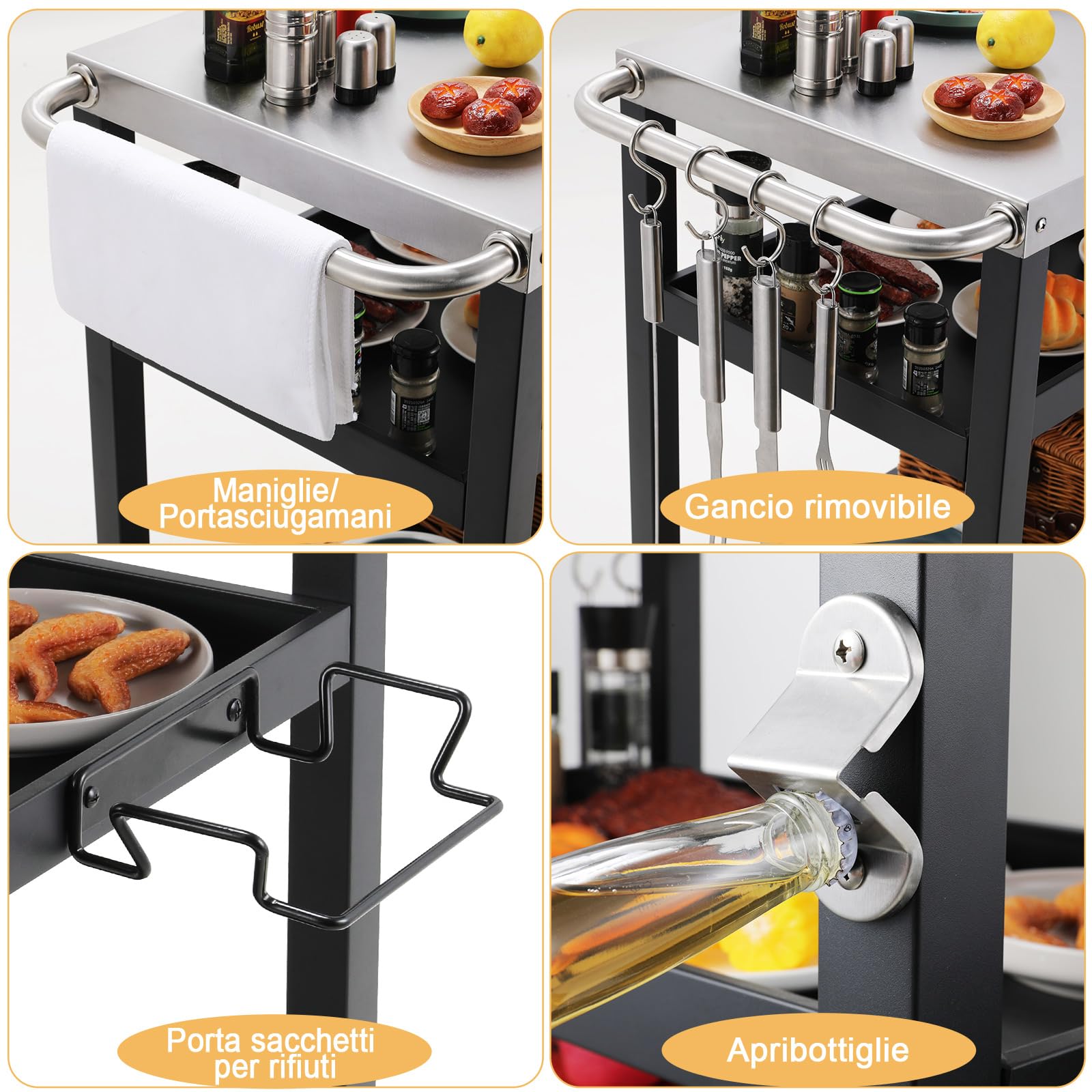 LIFERUN Acciaio Inox Carrello Barbecue 3 Ripiani, Tavolo BBQ Cucina Esterna | Carrello Cucina Esterna con 2 Ruote Ganci, Carrello di Servizio Cucina Esterni da Multiuso, per Casa Cortile Patio e Giardino