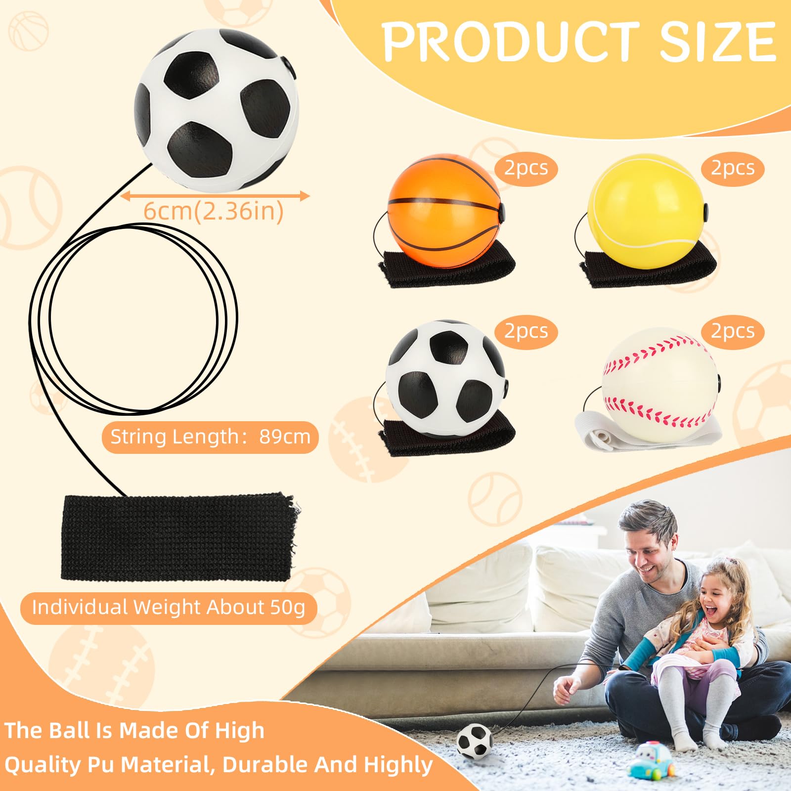 jwogngls Pack of 8 Ball with Cord Children, Diameter 6 cm, Super High Bouncing Lightweight Jumping Ball with Cord - Image 2