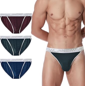JINSHI Mens Mesh Striped Briefs,Sexy Bikini Bulge Enhancing Briefs,Low Rise Ball Pouch Stretch Breathable Underwear