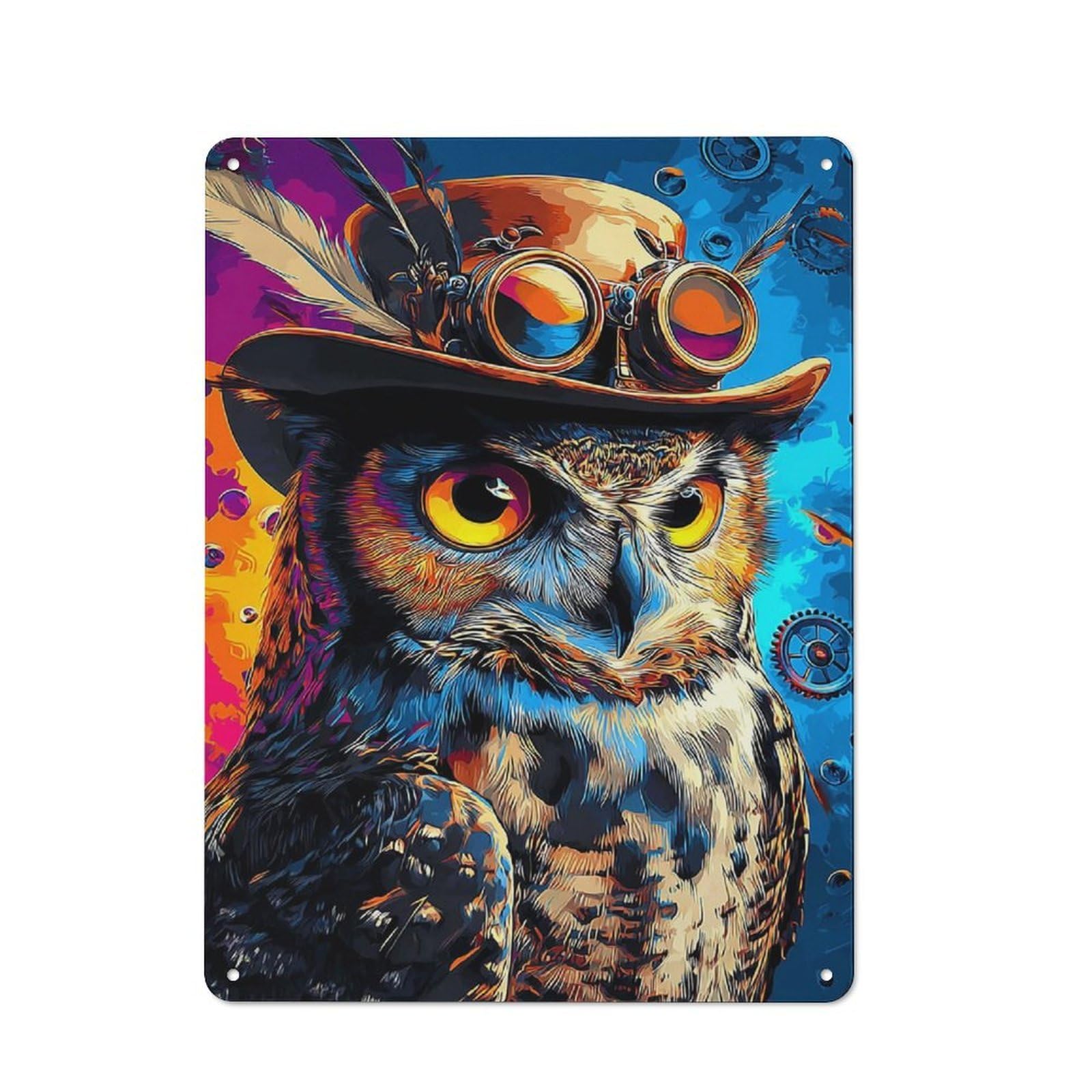 Junmoney Steampunk Owl Art Print-1 Retro Metal Wall Sign 40X30cm For Man Cave Or Games Room, For Man Cave Decor Fans Refreshing A Room In Autumn