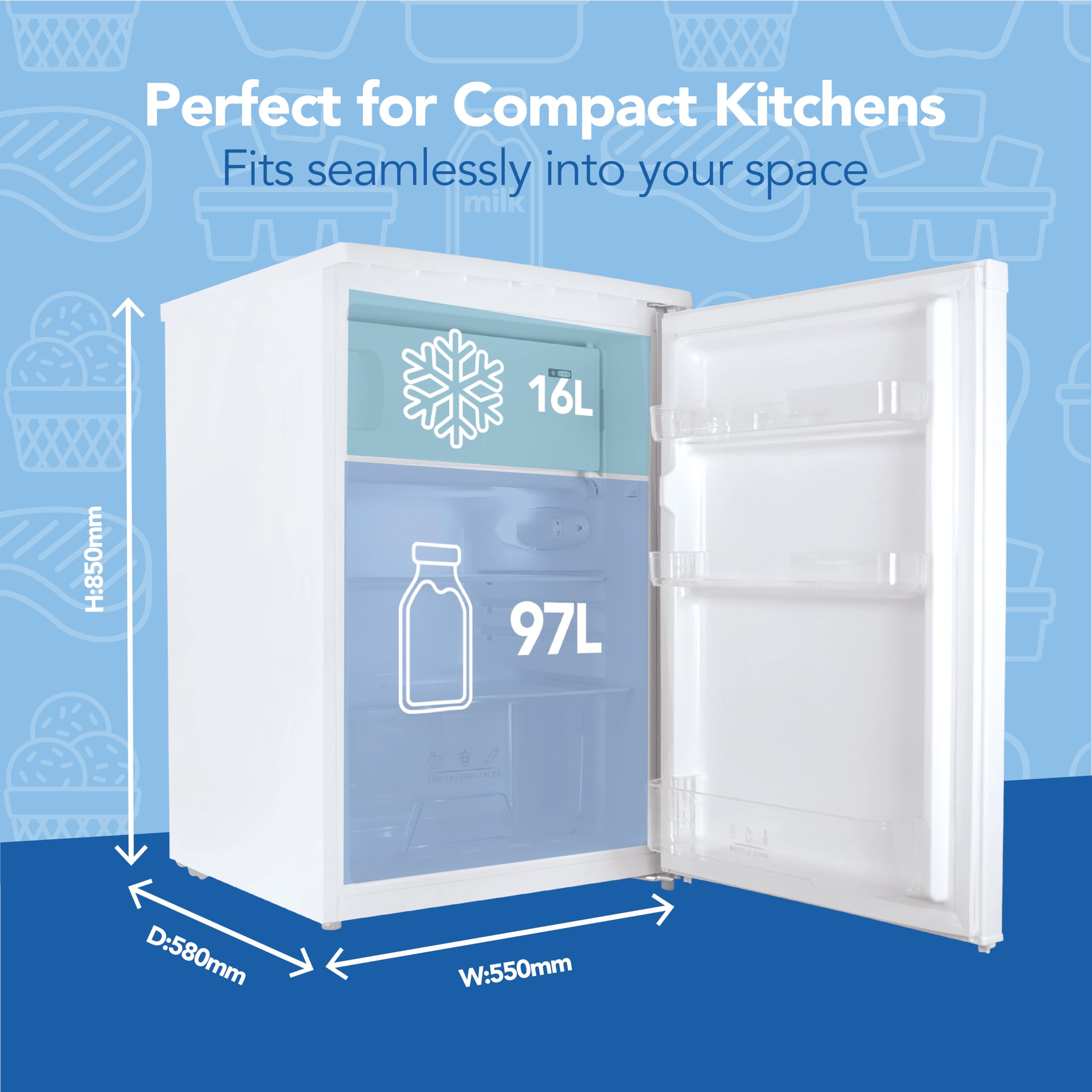 Igenix IG155W Freestanding Under Counter Fridge With 2 Adjustable Shelves, 1 Salad Drawer, 3 Door Shelves, Reversible Door, 97 Litre Capacity Fridge, 16 Litre Ice Box, 55 cm Wide, White — view 3