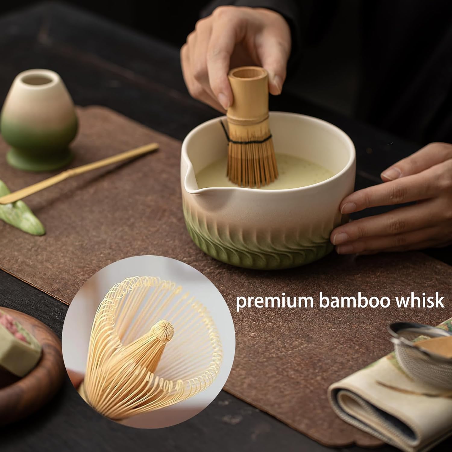 Matcha Whisk Set, 8 Pcs Ceramic Matcha Set Includes Bowl,Matcha Whisk (Chasen) and Holder, Sifter,Scoop and Spoon - Matcha Kit for Matcha Lovers,Gift for Family and Friend - Image 4