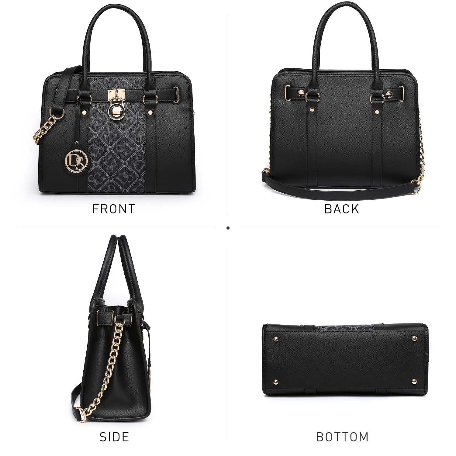 Dasein Set di borse a mano da donna, con manico superiore, borsa a tracolla grande, borsa da lavoro con portafoglio abbinato, Monogramma Nero, 13.75 inches (W) x 11 inches (H) x 6.25 inches (D)