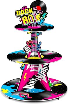 Ben Louis 3 Tier 80s Cupcake Stand Party Decorations Back to The 80s Theme Holder Retro 1980s Hip Hop Dessert Tower Birthday Cake for Neon Rock Hippie Supplies