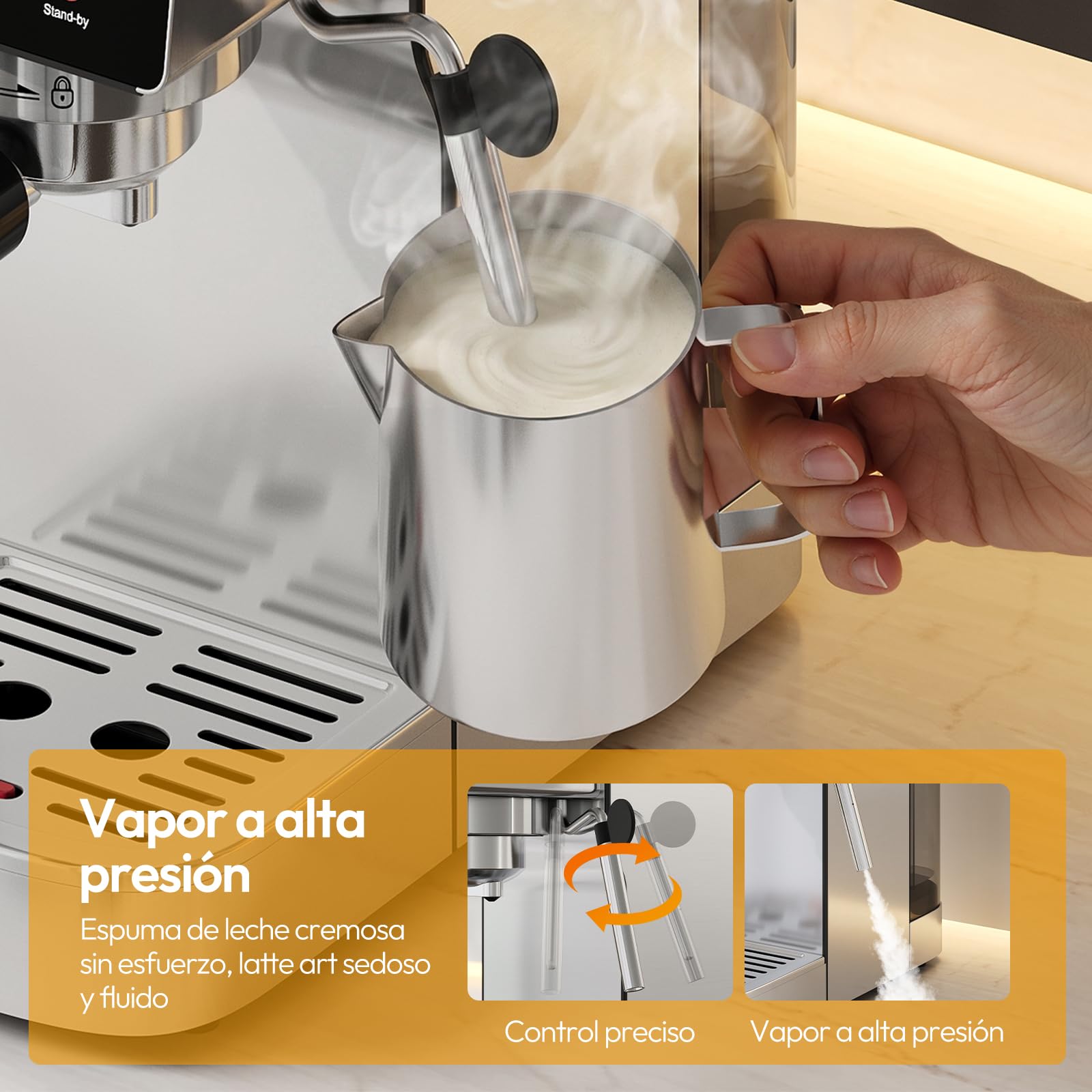 LLIVEKIT 2 en 1 Cafetera Espresso 20 Bares, Espumador de Leche | Compatible Cápsulas y Café Molido, 1350 W, Depósito 1,2 L, Descalcificación y Apagado Automático, Acero Inoxidable