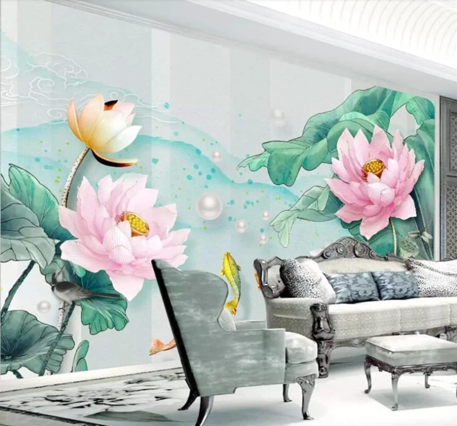 XLMING Fresh Watercolour Lotus Leaves Lotus Flowers Small Fish 3D Wallpaper Luxury Home Dining Decor Paste Sofa Living Room The Wall for Bedroom Mural-430cm×300cm