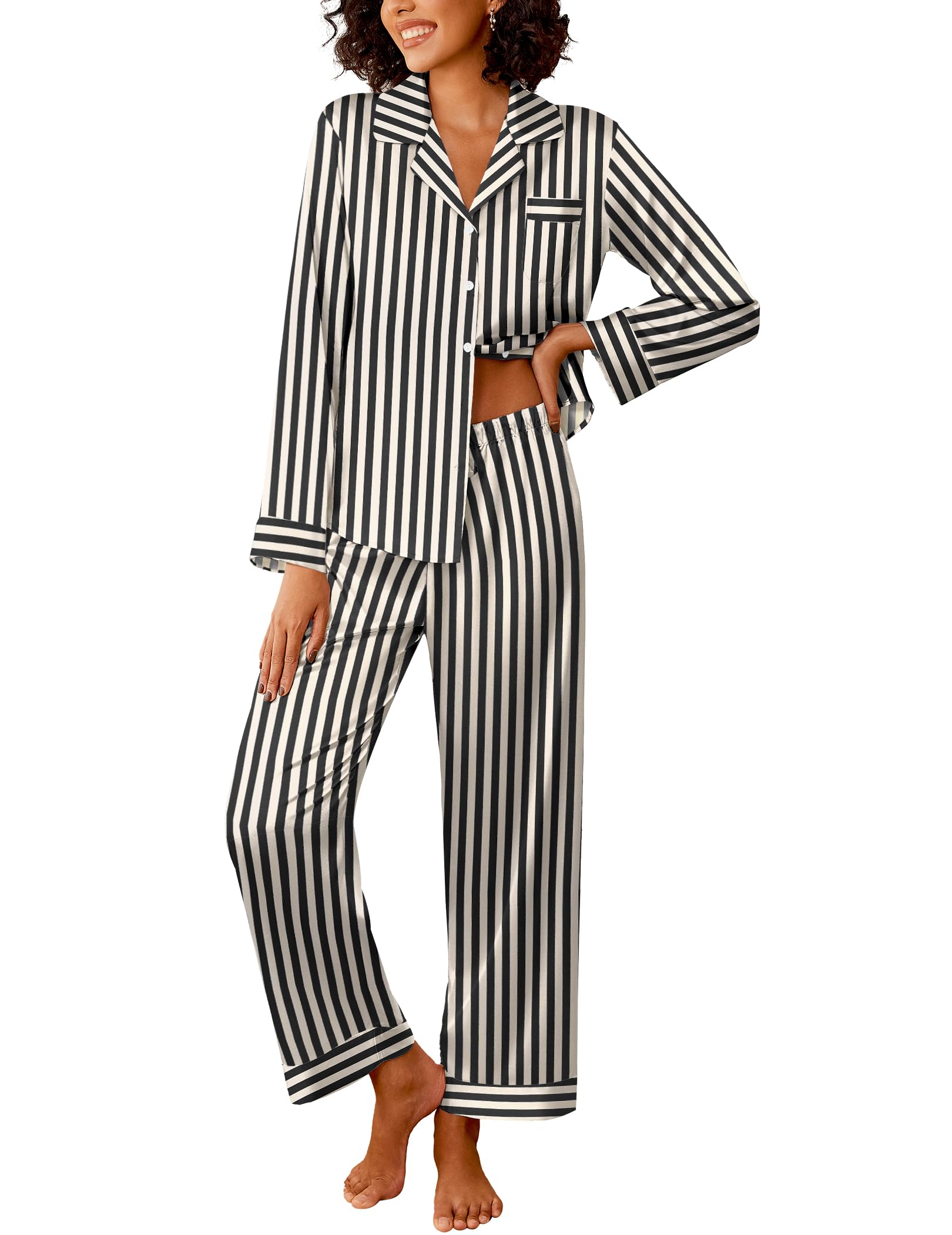 Ekouaer Womens Silk Satin Pajama Sets 2 Piece Sleepwear Pjs Set Long Sleeve Button Down Top and Pants Stripe Loungewear S-XXL