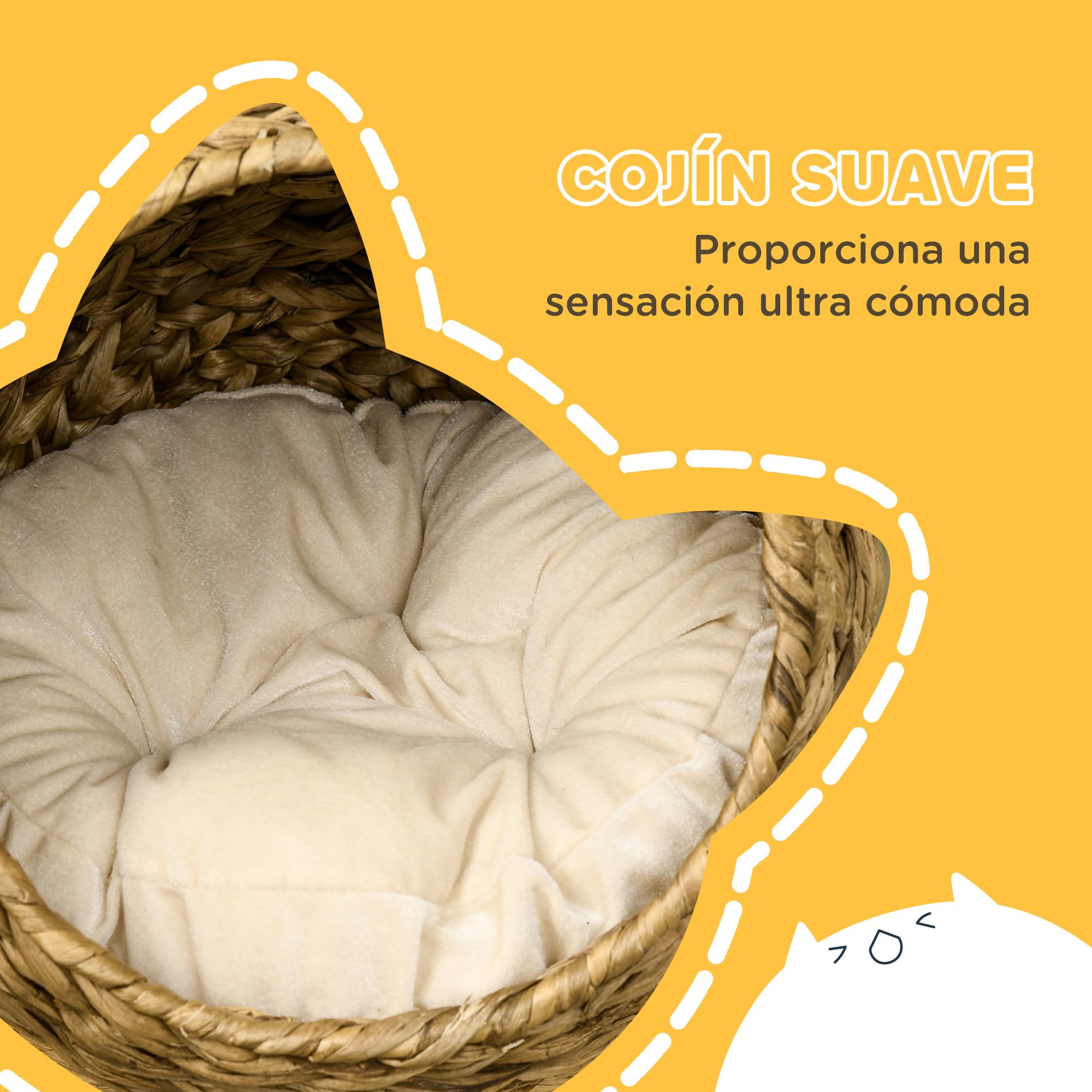 PawHut Cama para Gatos de Mimbre Desmontable 40x37x51 cm Marrón y Beige | Cueva para Gatos, con Cojín Extraíble