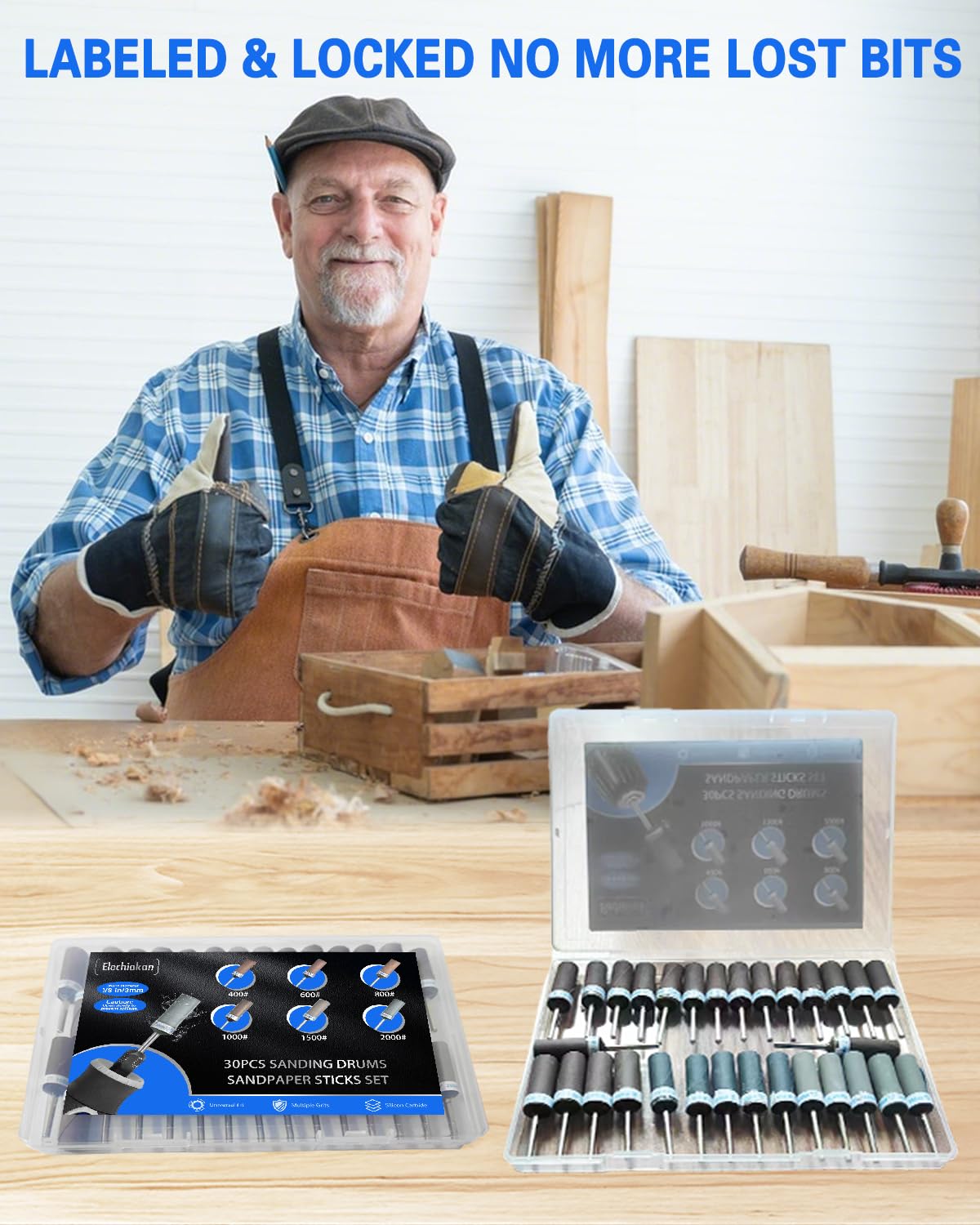 Set di 30 tamburi abrasivi per utensili rotanti Dremel, kit di punte abrasive per nastri abrasivi Dremel con gambo da 1/8", set di bastoncini di carta vetrata per plastica, legno, metallo, rettifica e