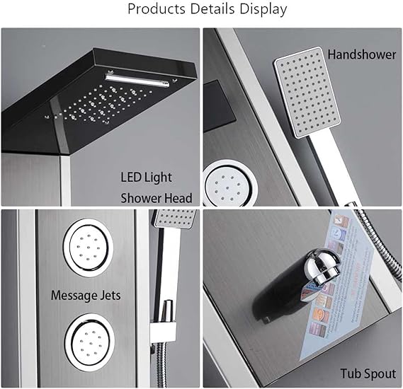 LED Rainfall Shower Panel Tower System Black Nickel LED Rainfall Shower Faucet Set Shower Panel Column Multi-Function Nozzle Massage Spa Jet Temperature Screen Multifunction Color: Brushed Nickel