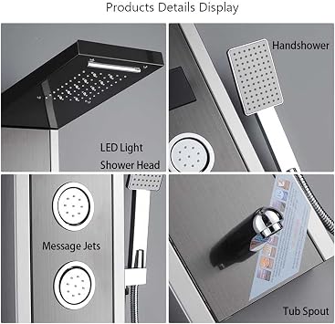 LED Rainfall Shower Panel Tower System Black Nickel LED Rainfall Shower Faucet Set Shower Panel Column Multi-Function Nozzle Massage Spa Jet Temperature Screen Multifunction Color: Brushed Nickel