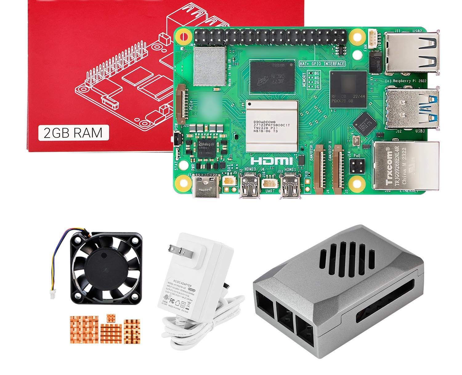 Yahboom Pi 5 2GB Starter Kit with 27W 5.1V/5A Power Adapter Heat Sink and Raspberry Case (Pi5 2GB, Basic Kit)