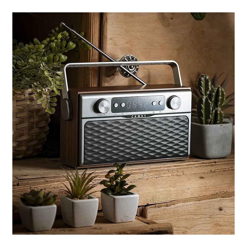 Camry CR1183 Radio Bluetooth, Diseño Retro, Sintonizador FM, 2 Altavoces 8 W, Memoria 50 Emisoras, Reproducción MP3, Puerto USB y Tarjeta SD, Inalámbrica, Portátil, Pantalla LCD, Madera/Acero