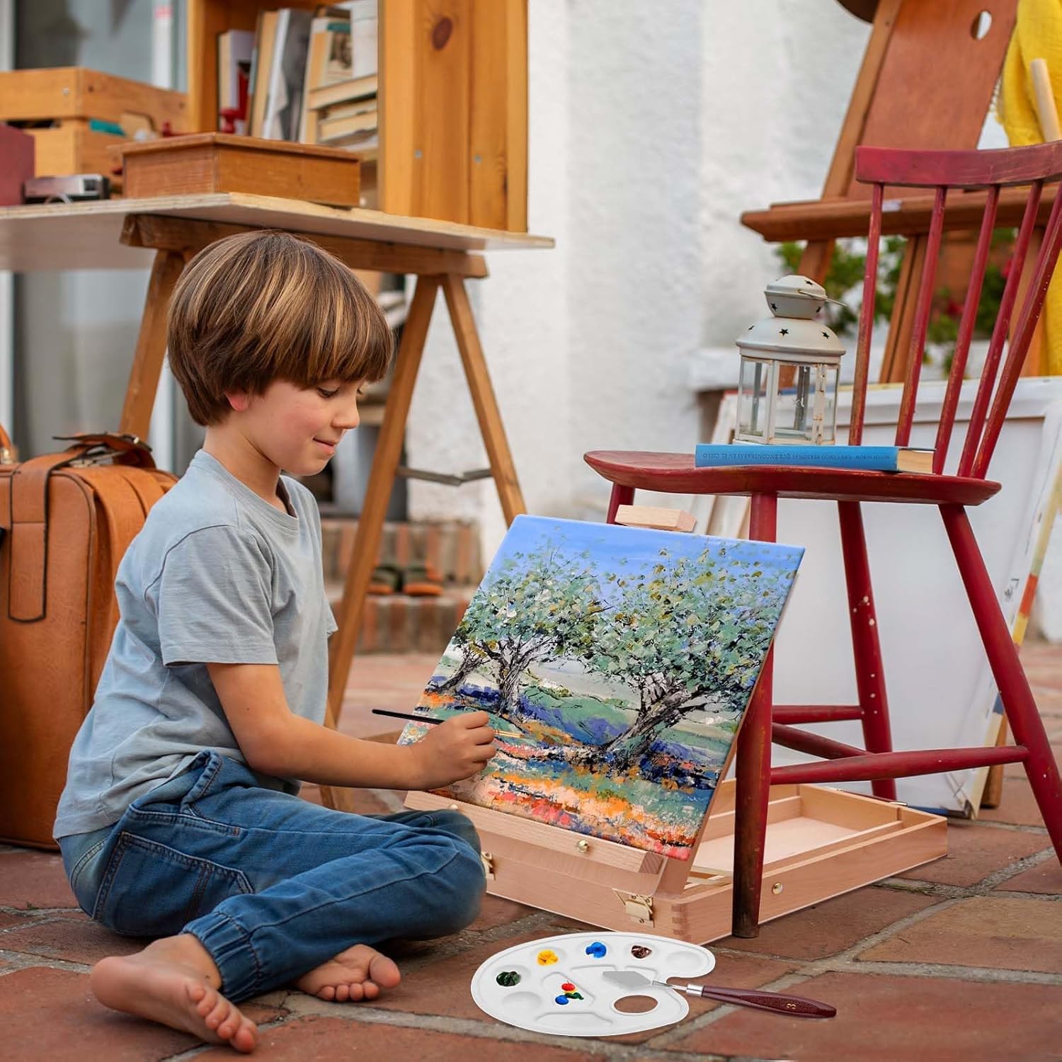 Cavalletto da Tavolo,Cavalletto Pittura,Set di pittura acrilica da 44 pezzi,24 colori acrilici,12 pennelli,Spatola, Grembiuli,Tavolozza Colori e Tela A4,per Professionisti e Hobbisti