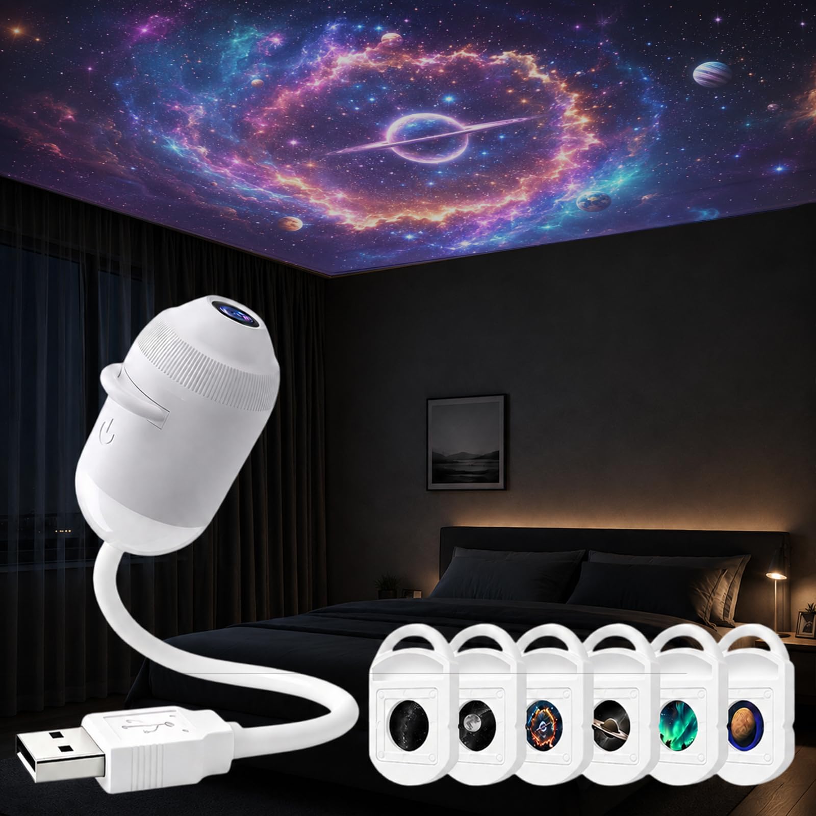USB Star Galaxy Night Light Projector with 6 Sliding Projection Films