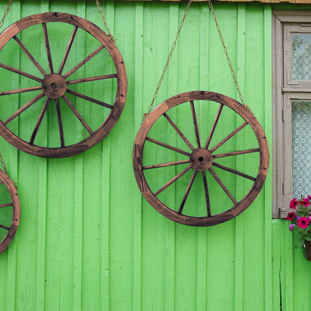 Costway 2-częściowy zestaw kół samochodowych, drewniane koła z blachy stalowej, dekoracyjne koło wagonowe, 76 x 76 x 3,5 cm