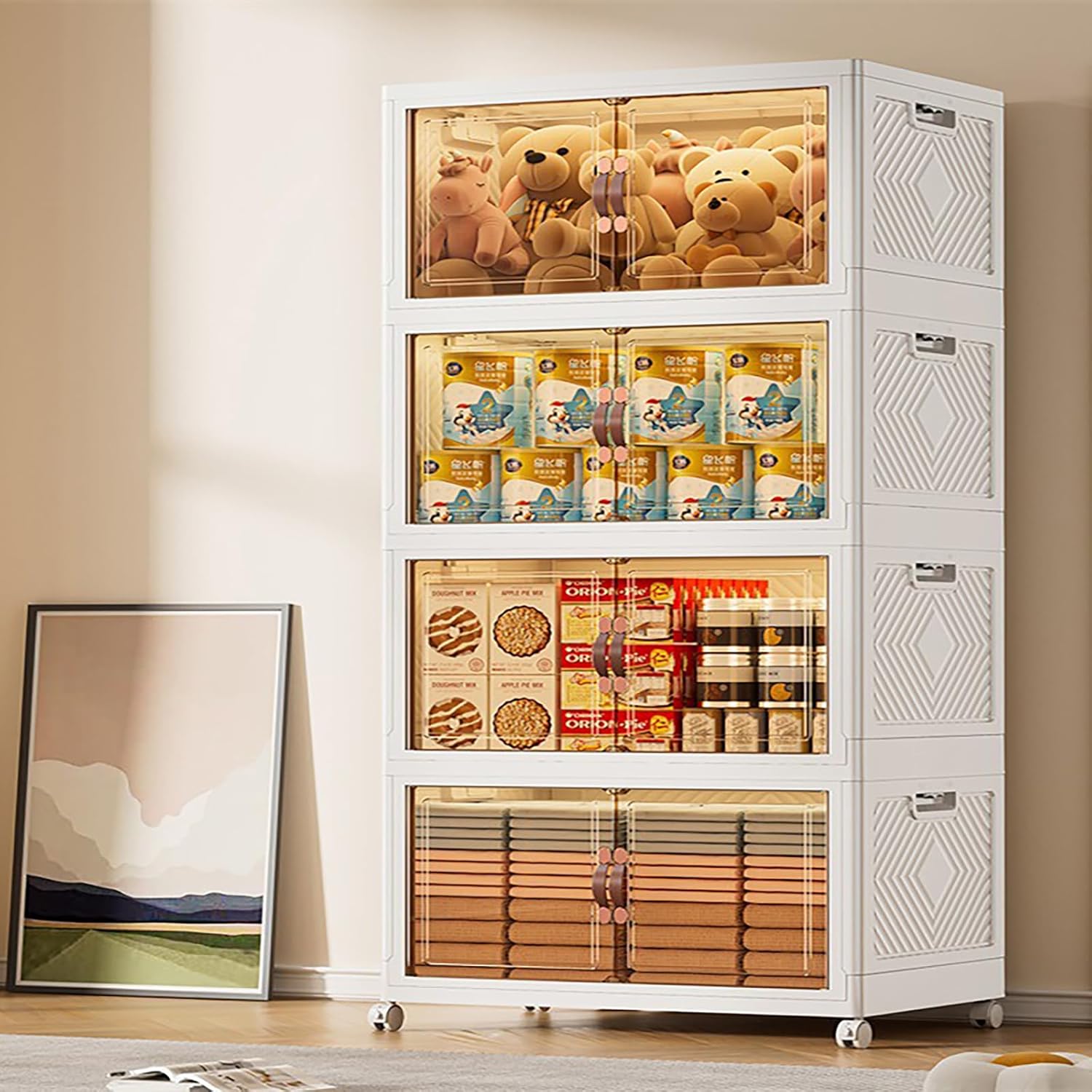 Jacriah Plastic Storage Bins with Lid, 4Layer Folding Storage Box with Doors for