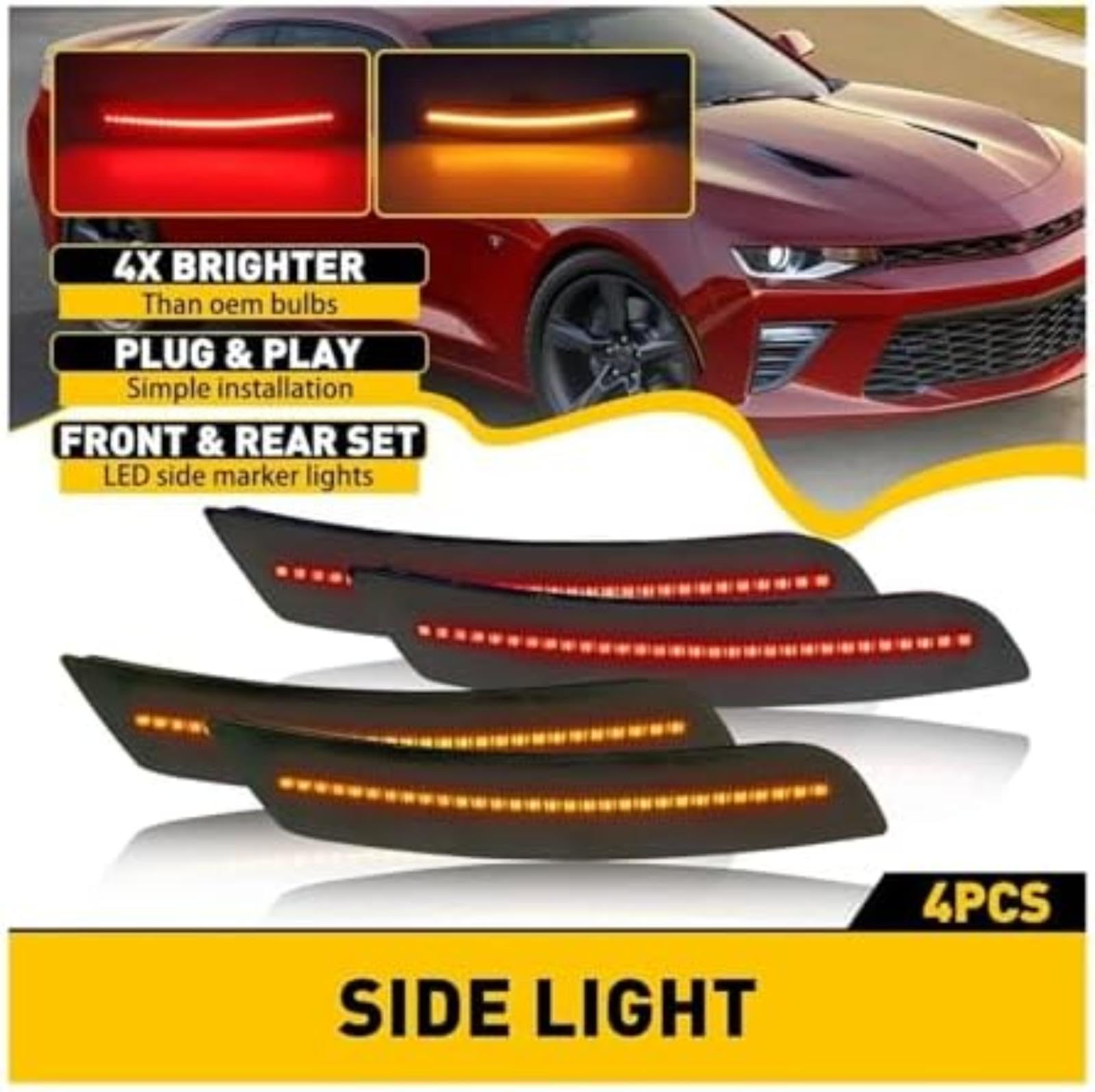 Lampka kontrolna w lusterku bocznym, dla Chevroleta, dla Camaro, 2016-2021 Światła obrysowe Żółty Czerwony 4 szt. Przednia tylna lampa LED na błotniku Akcesoria samochodowe (4Pcs White)