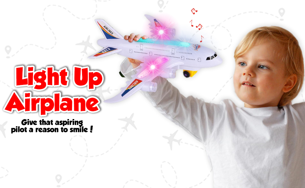 Avion Jouet Lumineux Avec Sons Et LED – Décollage, Roues Sensor Bump-and-Go, 3 Piles AA – Idée Cadeau 4-8 Ans