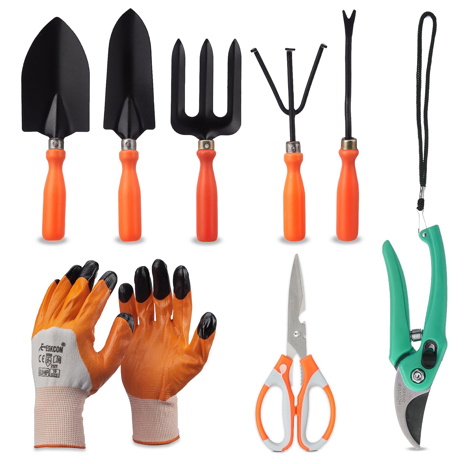 Amazon Brand - Solimo 8-Piece Gardening Tool Kit | Cultivator, Fork, Trowels, Weeder, Garden Gloves, Pruner Cutter, and Scissor | Gardening Tools Set for Home Gardens