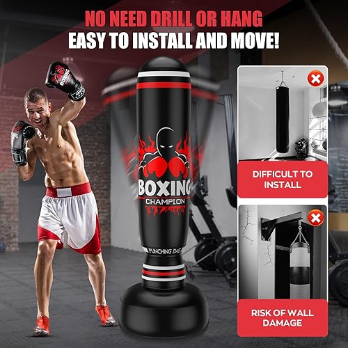 Miniatura 5 de Saco de boxeo independiente para adultos, bolsa de boxeo de 70 pulgadas con soporte, bolsa pesada, incluye guantes de boxeo y bomba de aire