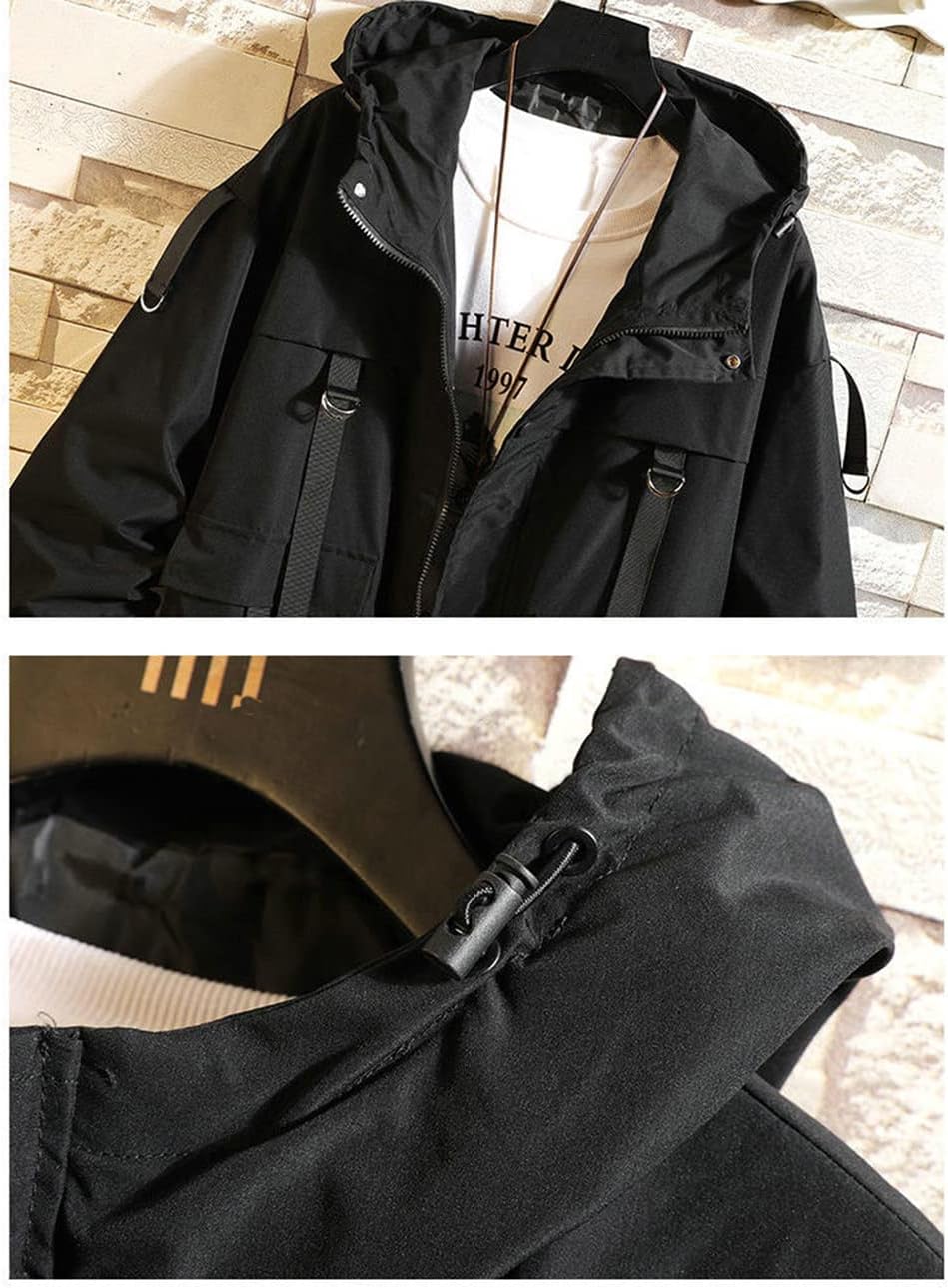 Nutriangee Mens Hip Hop Streetwear Windbreaker Jacket Lightweight Casual Outdoor Bomber with Ribbons Coat - Image 2
