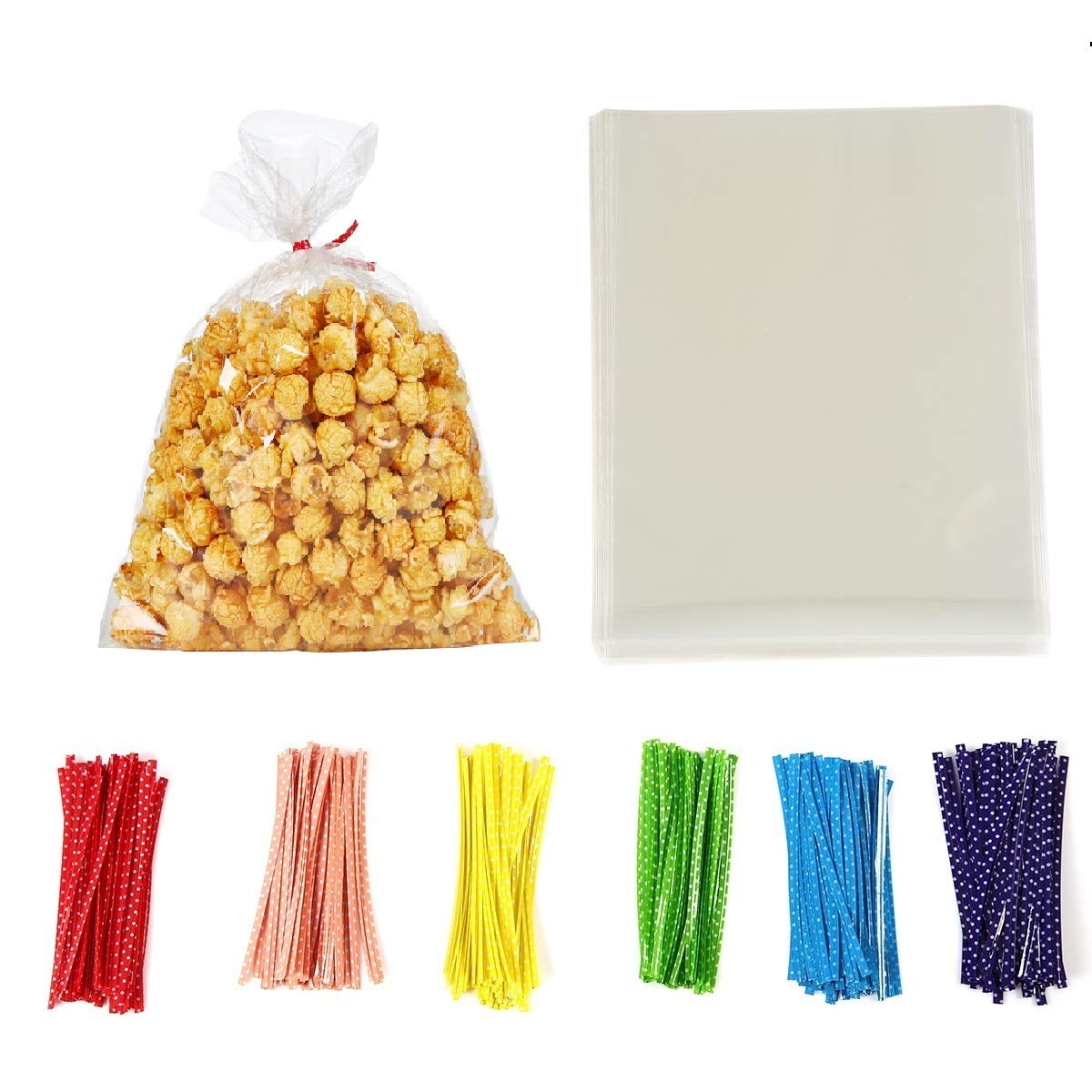 Brandon-super 100 Pcs Clear Flat Cello Cellophane Treat Bags Good for Bakery,Popcorn,Cookies,Candies,Dessert 1.2mil.Give Metallic Twist Ties! (9"x12")