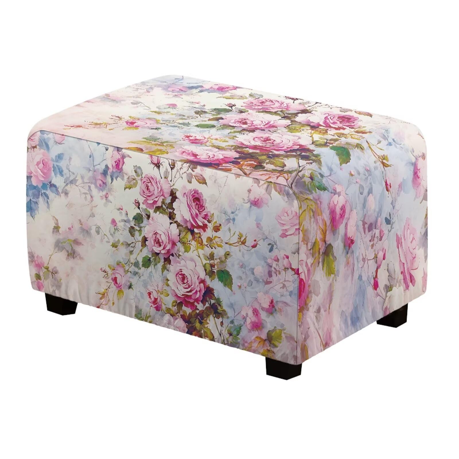 Sellikakes Pink Rose Rectangle Ottoman Slipcover 30x24x15 inch Folding Storage Footstool Furniture Protector Removable Square Ottoman Cover with Elastic Bottom Living Room Home Decor