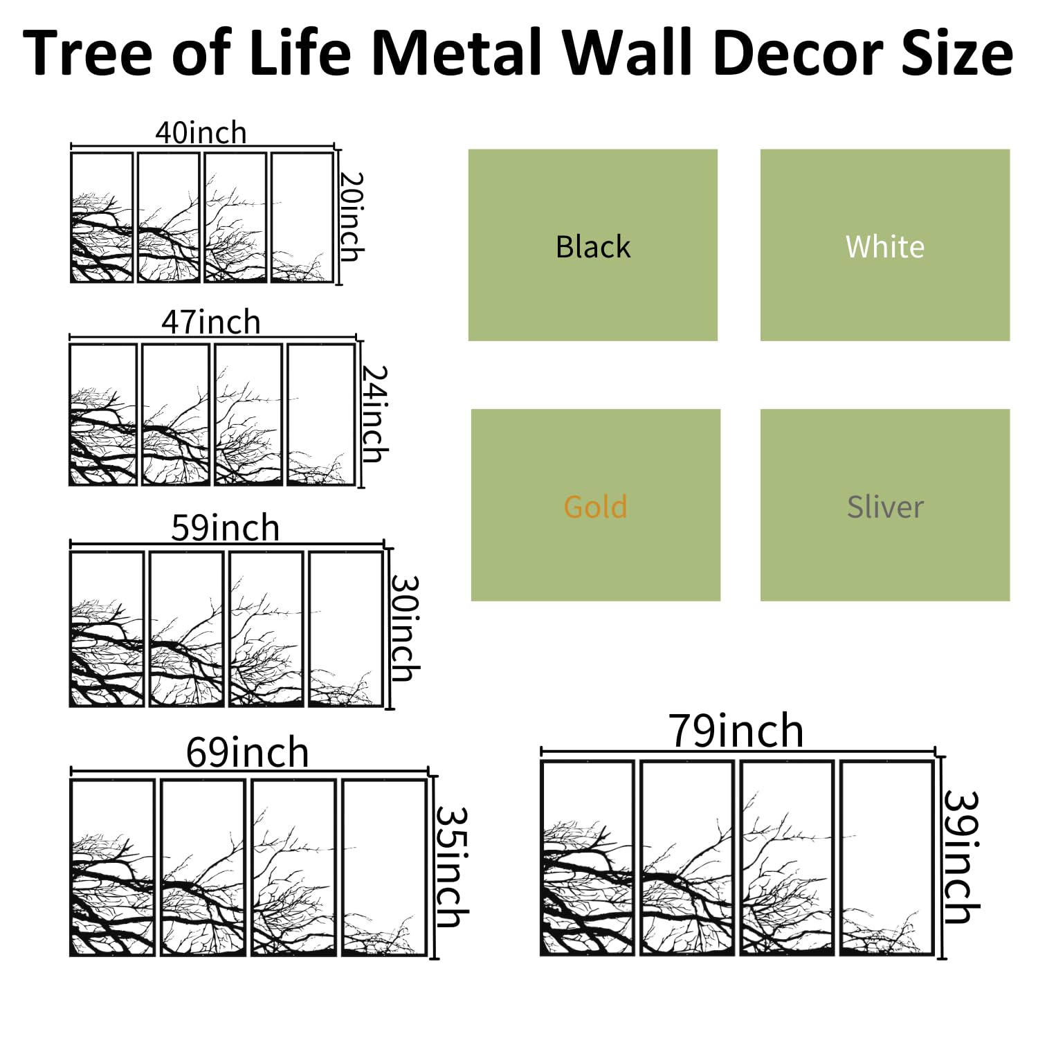 Decoración de Pared de Metal, árbol de la Vida, árbol genealógico, 4 Paneles, árbol Grande, decoración para el hogar, Sala de Estar (Plateado, 40" x 20" | 100 x 50 cm)