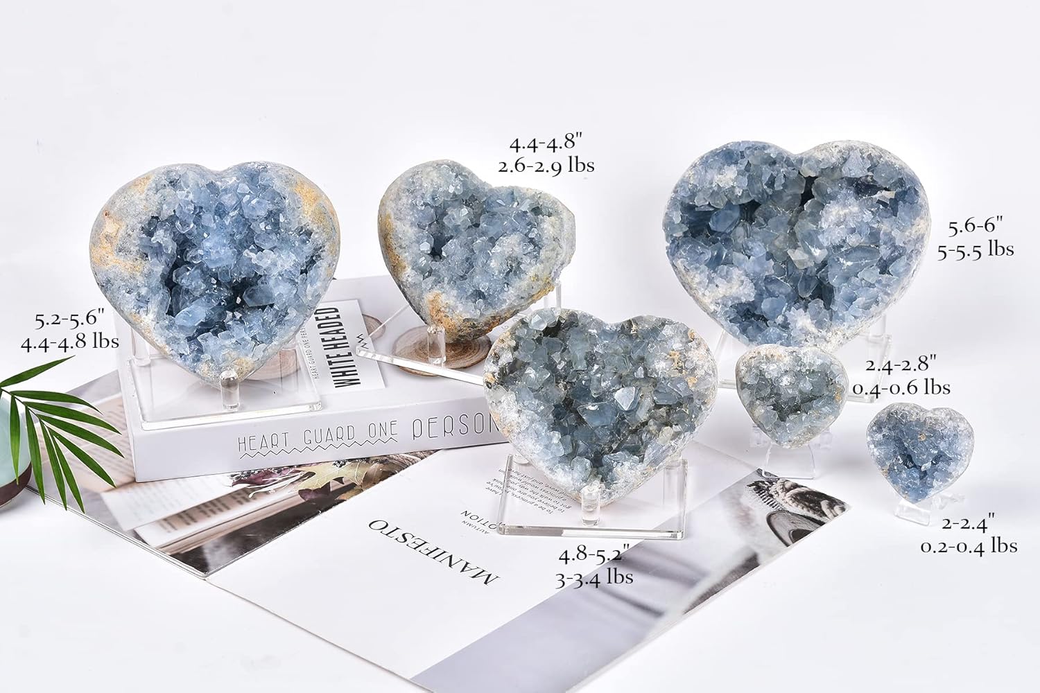 AMOYSTONE Heavy Heart Celestite Crystal Geode for Home Gifts Blue Crystal Cluster with Plastic Display Rack 5.8-6.2"