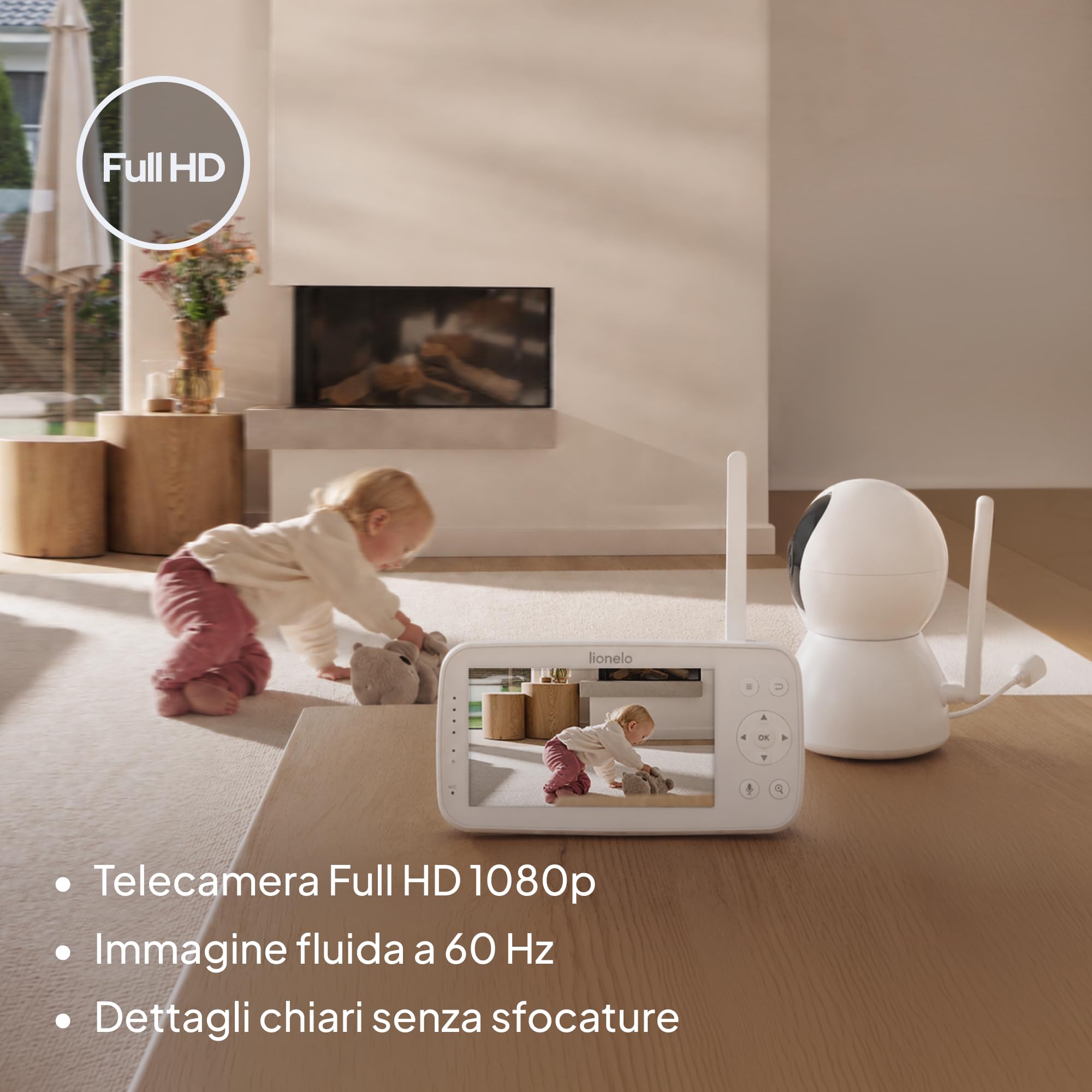 lionelo Babyline 8.4 Baby Monitor Video WiFi con App e Monitor 5" | Videocamera Full HD, Visione Notturna, Movimento e Pianto, Audio Bidirezionale, Portata 300 m e Temperatura