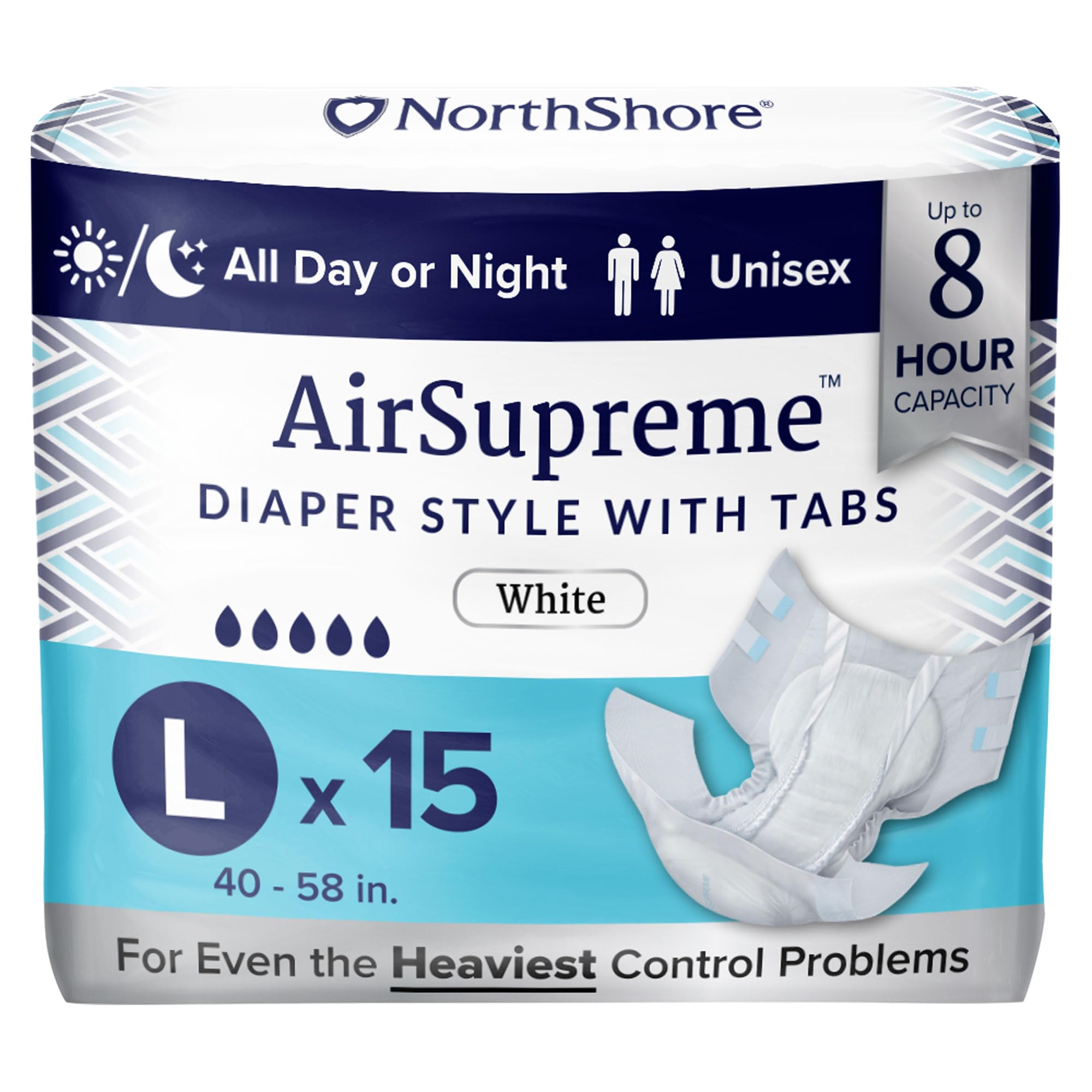 NorthShore AirSupreme Incontinence Tab-Style Briefs for Men and Women, Large, Pack/15