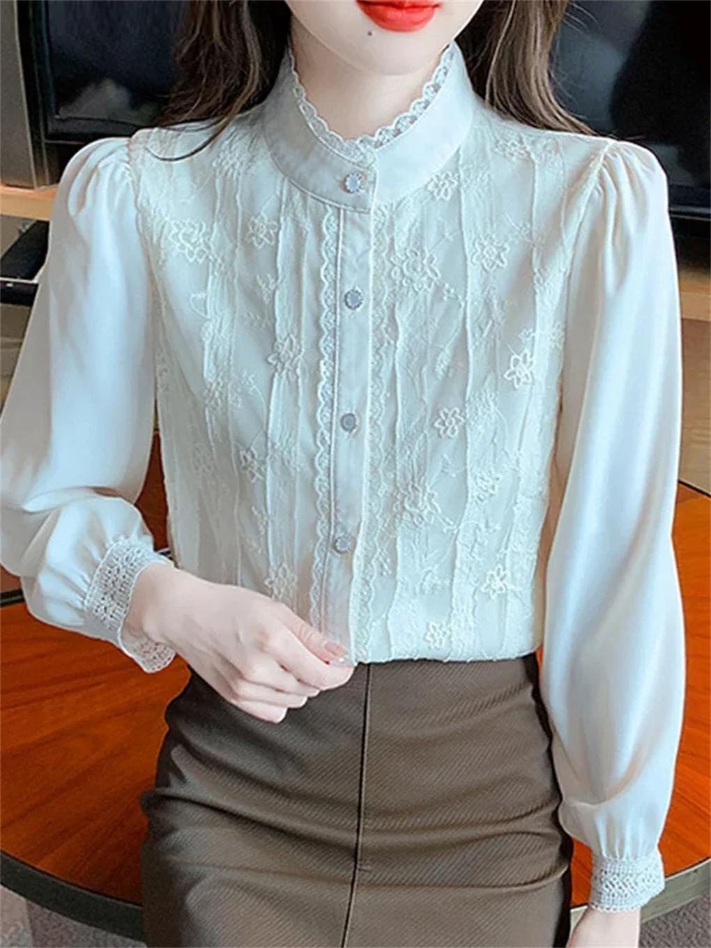 Blusa de manga larga con cuello alto para mujer, de gasa, con botones, para oficina, trabajo, negocios
