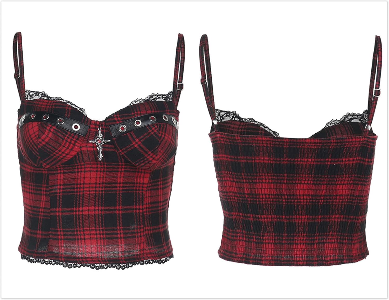 Y2k Harajuku Crop Tank Tops Women Goth Plaid Backless Sweetheart V Neck Spaghetti Strap - Image 6