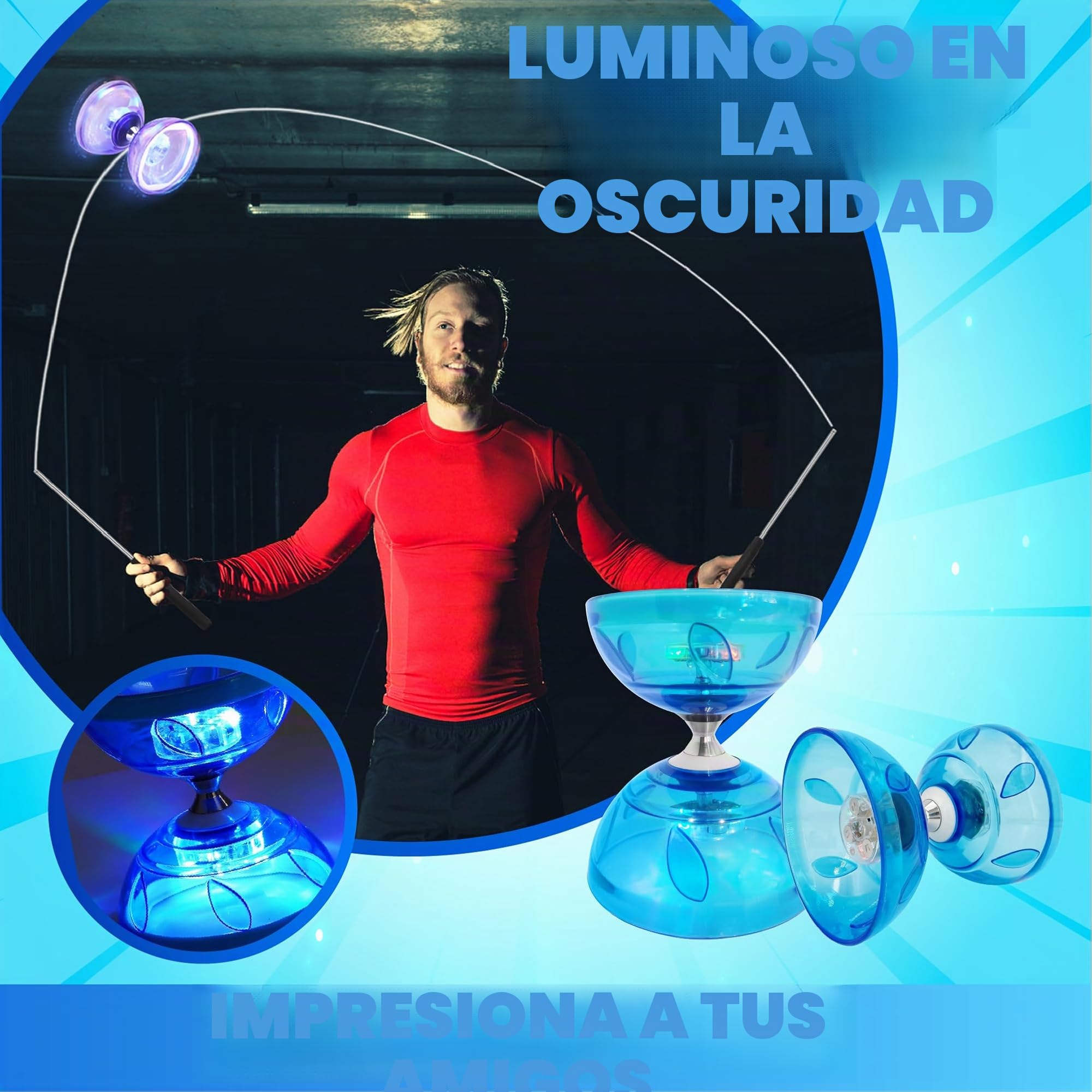 Juego de Malabares LED Diabolo - 4,5 mm Rodamiento Triple Diábolo para Principiantes y Profesionales | Juegos de Circo para Niños y Adultos | con Cordón Ajustable, Bolsa de Malla y 2 Bastones Cómodos